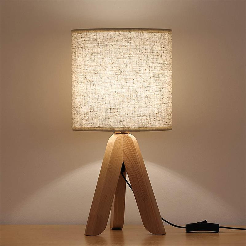 Lampka nocna – zestaw 1 drewnianej lampki stołowej, lniana lampka nocna E27, starodawny statyw, do sypialni, salonu, hotelu, kawiarni
