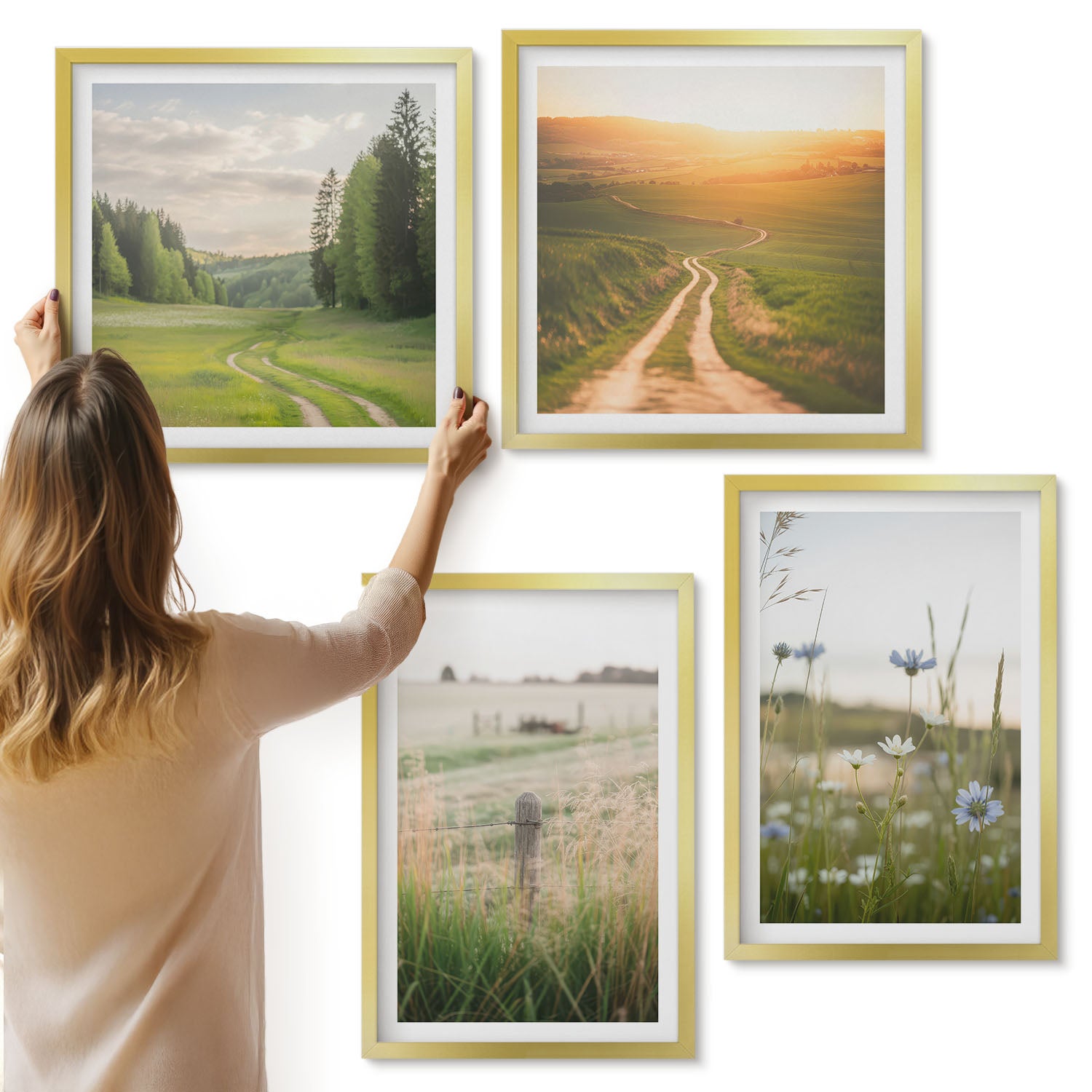 Galeria ścienna 4-częściowy komplet obrazów w złotych ramach - Krajobrazy natury z polami i ścieżką w słońcu - ArtPrintCave
