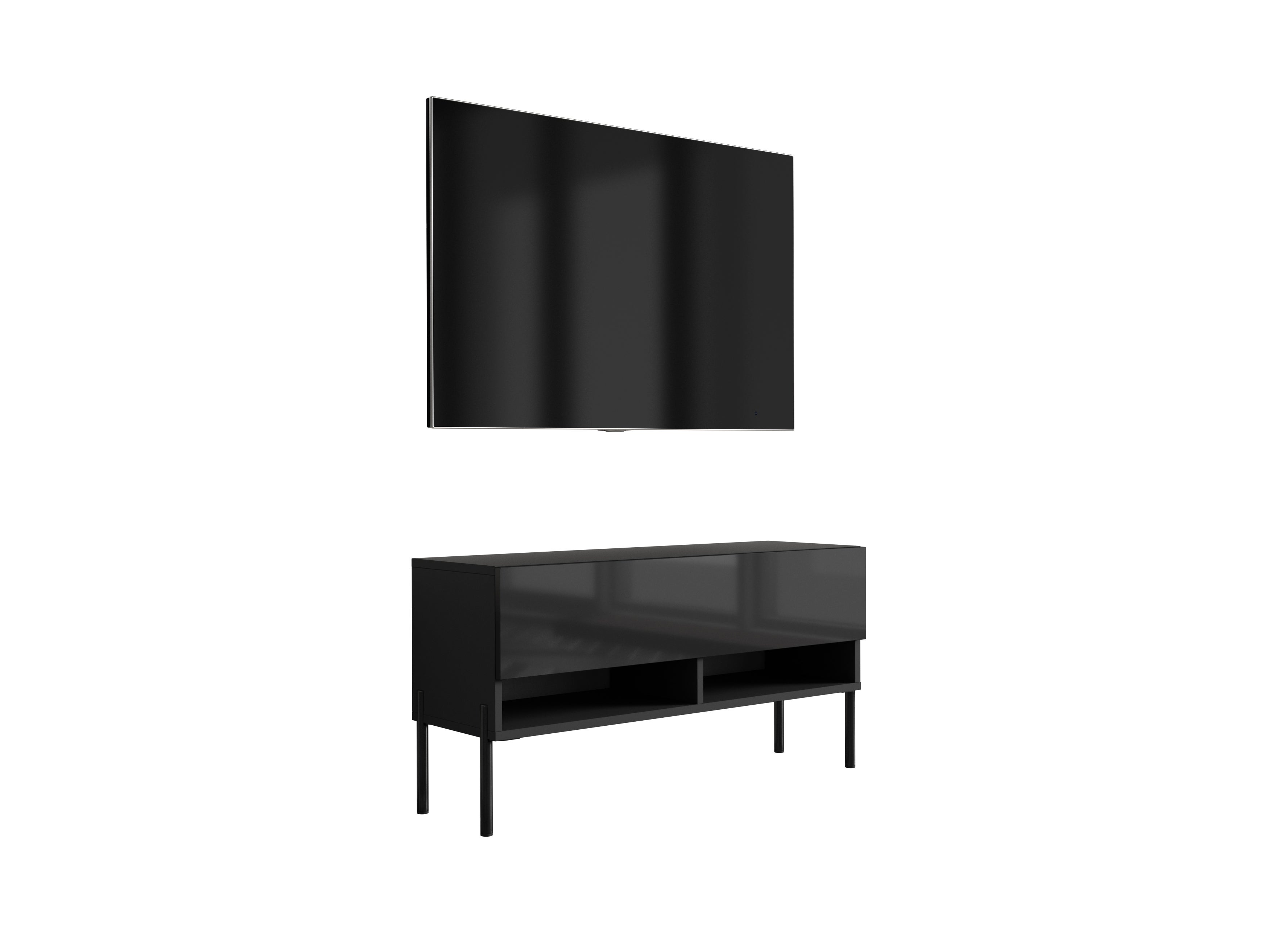 Szafka pod telewizor 100 cm Czarny Mat / Czarny Połysk, nóżki proste czarne, 100 × 32 × 52 cm