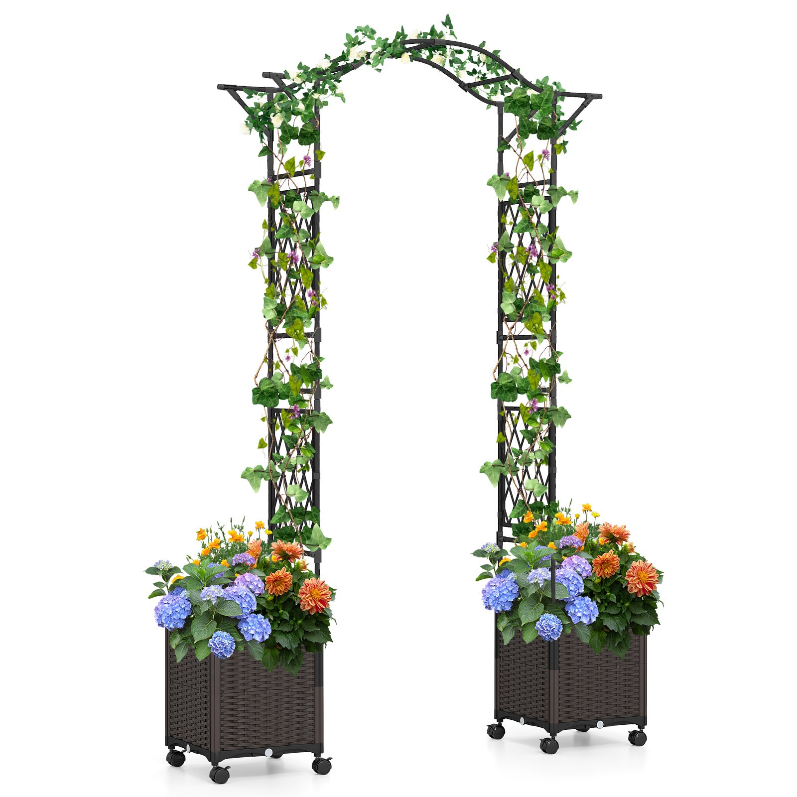 Łuk ogrodowy 208 cm z 2 skrzynkami ogrodowymi, pergola zewnętrzna z metalu pokrytego powłoką antykorozyjną PE z samonawadniającymi kółkami, czarna