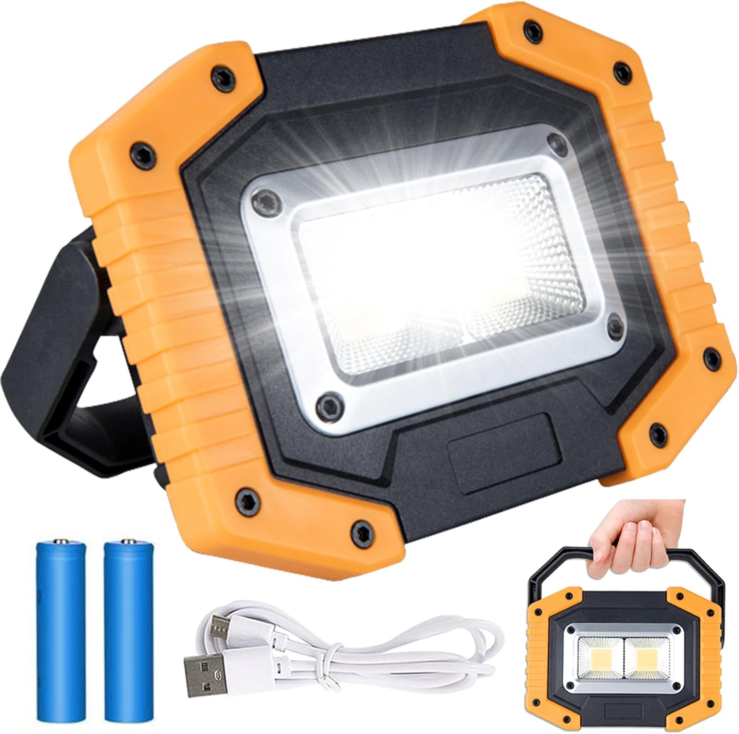 [Z 2 bateriami 18650] 30 W akumulatorowy reflektor LED, oświetlenie robocze LED 2000 lm, przenośny reflektor budowlany USB, wodoodporny, kempingo