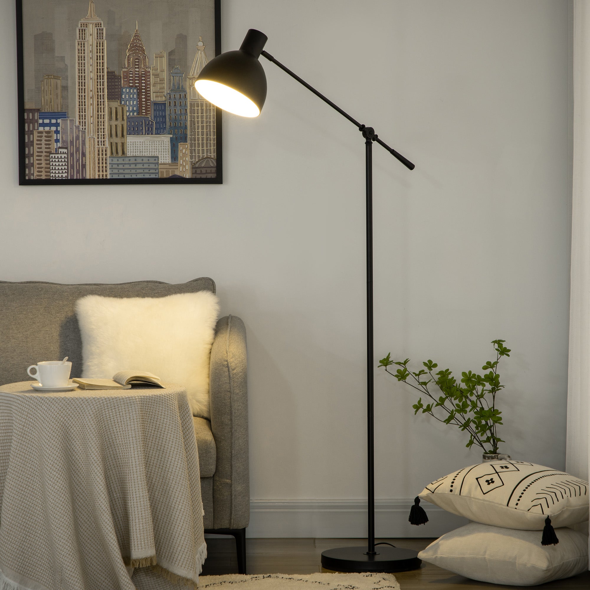 Lampa podłogowa do salonu, 40 W, regulowana wysokość, regulowany klosz i ramię, przełącznik nożny, oprawka E27, czarna