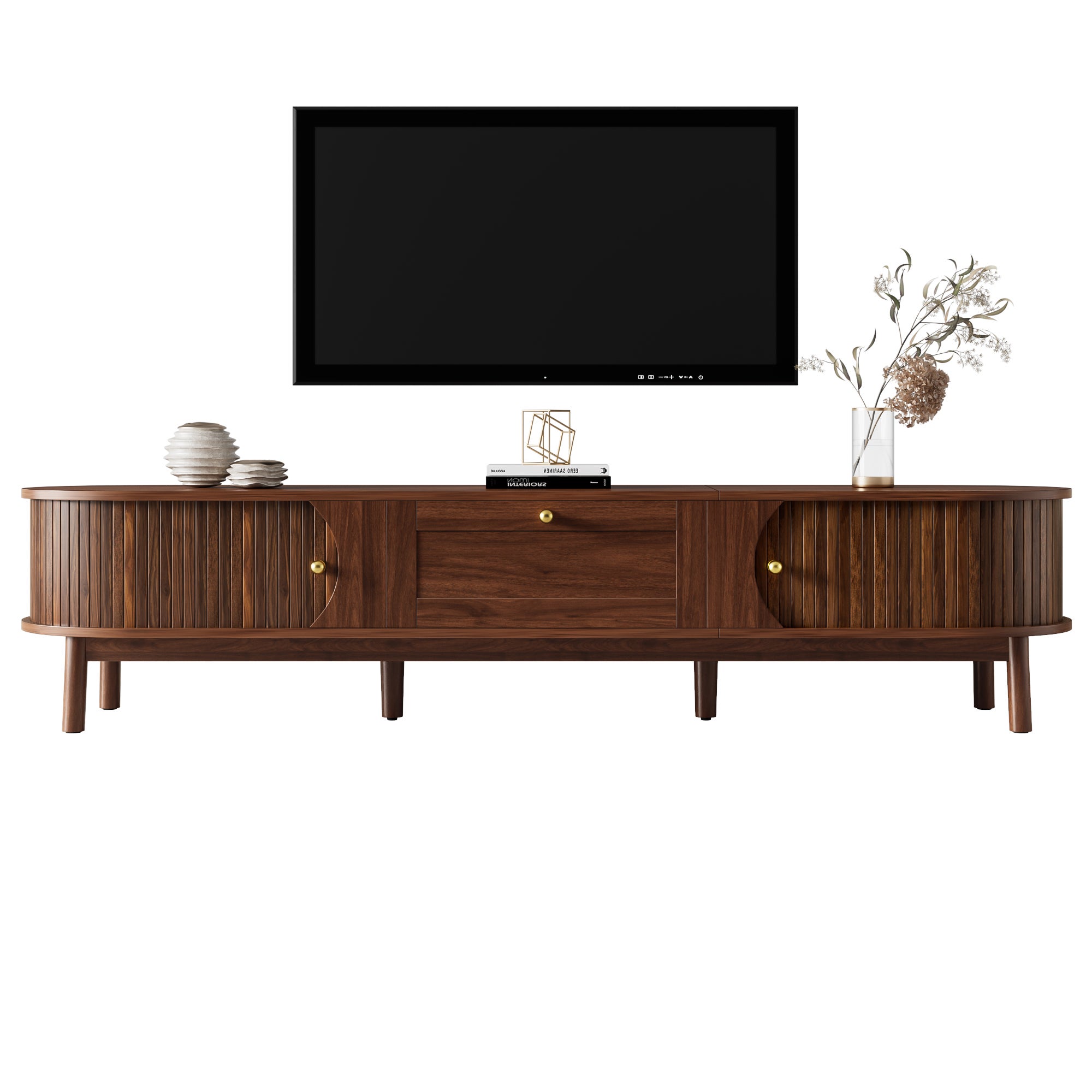 Nowoczesna szafka RTV z 2 drzwiami przesuwnymi i 1 szufladą - 170 x 39,5 x 38 cm - MDF i nogi drewniane - do salonu - orzech