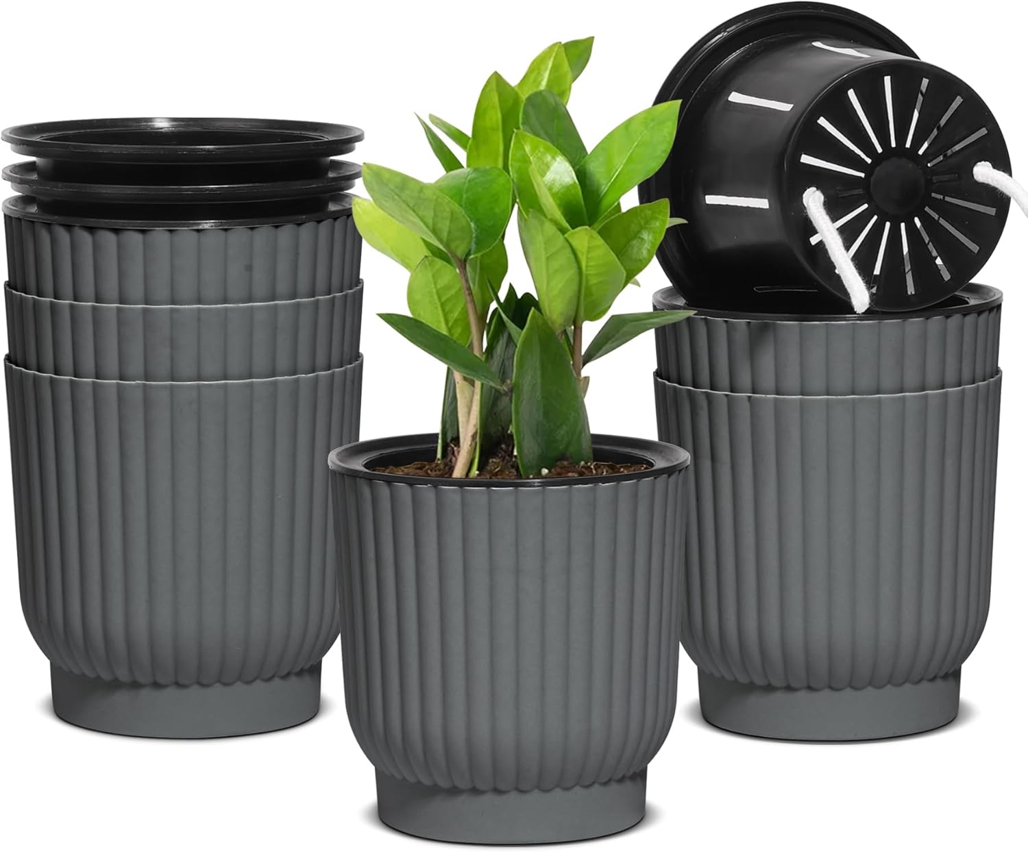 Zestaw 6 samonawadniających doniczek 11,4 cm, plastikowe, do parapetów, szare