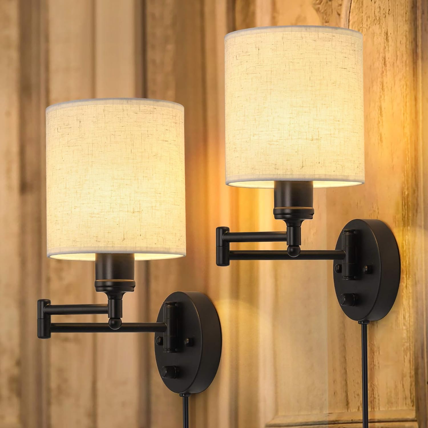 Zestaw 2 lamp wtykowych naściennych, lampa ścienna z ruchomym ramieniem, nowoczesna lampa ścienna do sypialni, z lnianym abażurem.