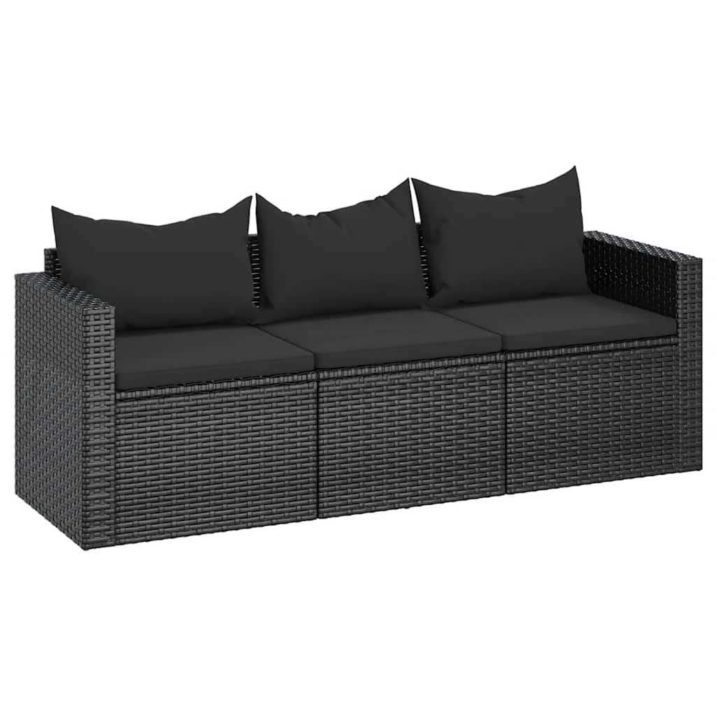 Sofa Ogrodowa Czarna 3-Osobowa z Polirattanu z Czarnymi Poduszkami