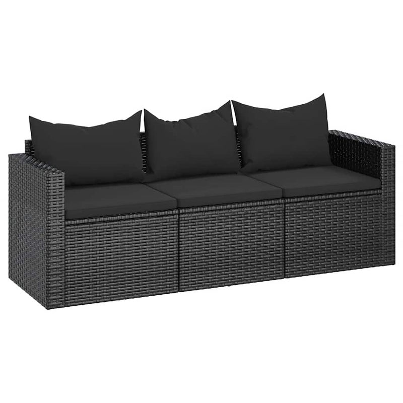 Sofa Ogrodowa Czarna 3-Osobowa z Polirattanu z Czarnymi Poduszkami