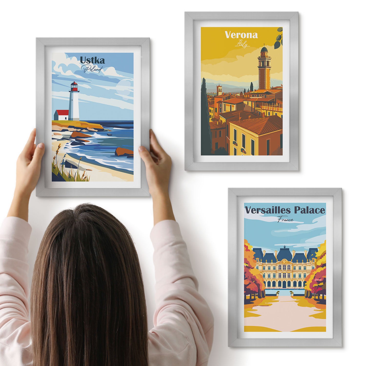 Galeria ścienna 3-częściowy komplet obrazów w srebrnych ramach - Widoki znanych miejsc nad morzem i w miastach - ArtPrintCave