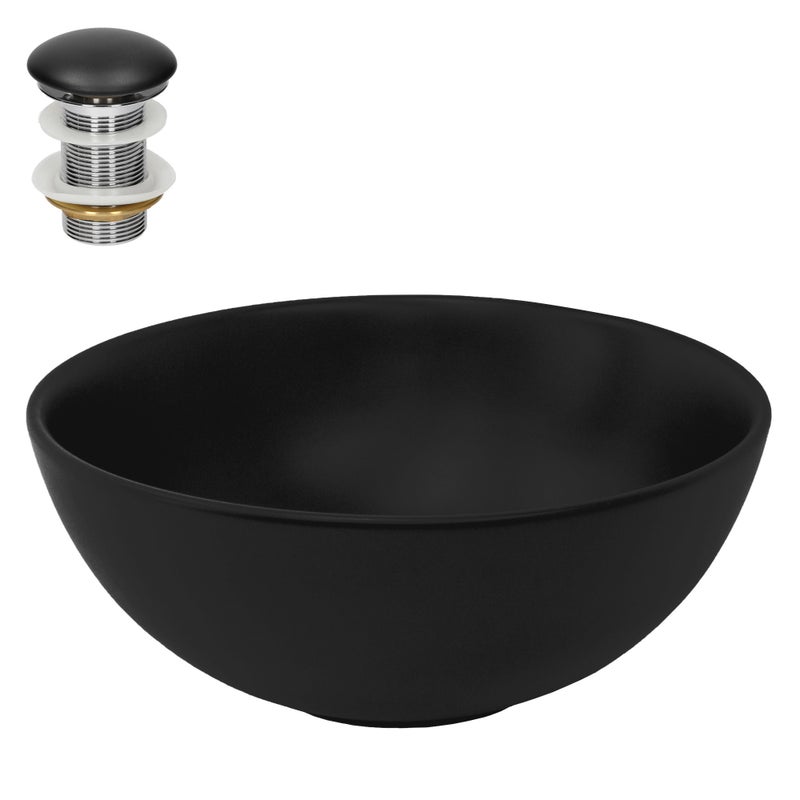 ML-Design Umywalka Ceramiczna Czarny Mat Ø32x13,5cm Okragla z zestawem odplywowym bez przelewu, Nowoczesna Umywalka Blatowa Umywalka Umywalka Reczna,