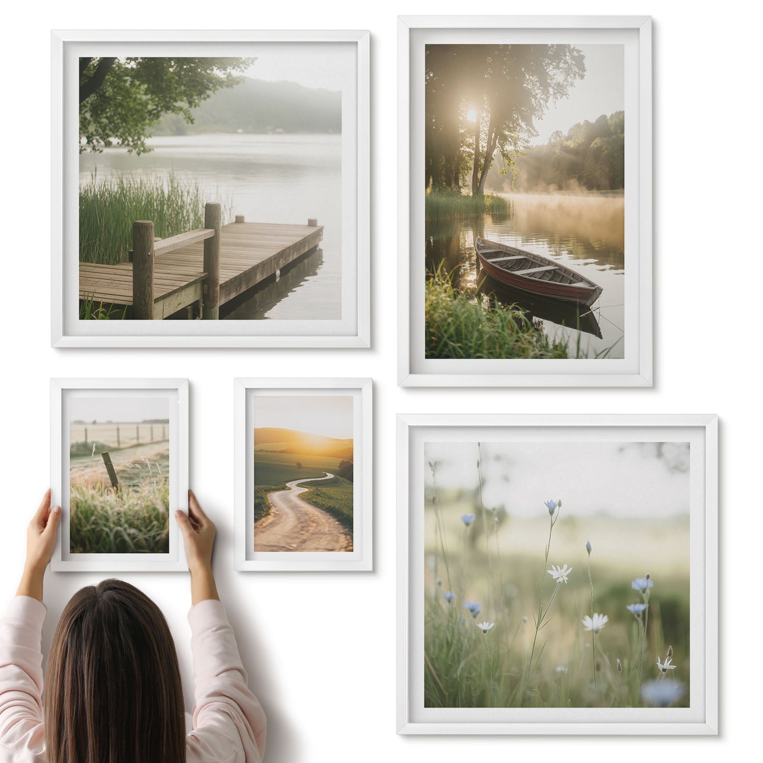 Galeria ścienna 5-częściowy komplet obrazów w białych ramach - Spokojne krajobrazy natury z wodą i zielenią - ArtPrintCave