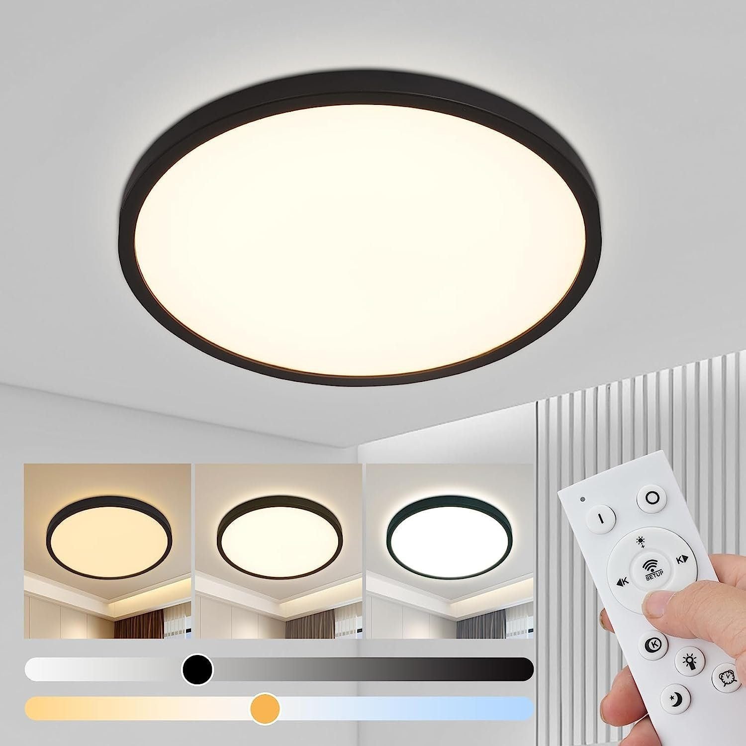 NETTLIFE Ściemnialna lampa sufitowa LED 30 cm Lampa łazienkowa 20 W okrągła łazienkowa płaska czarna z pilotem IP44 wodoodporna do sypialni i łazienki