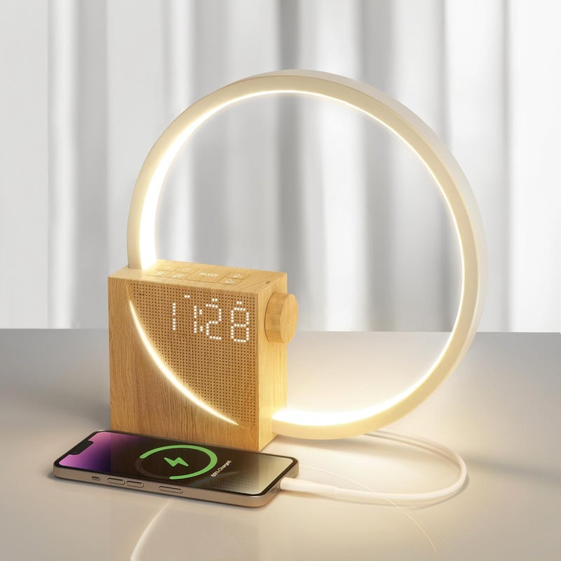Lampka nocna z budzikiem, sterowanie dotykowe, ładowanie USB 10 W, 3 poziomy jasności, pomoc w zasypianiu dla niemowląt i dorosłych [klasa energetyczn