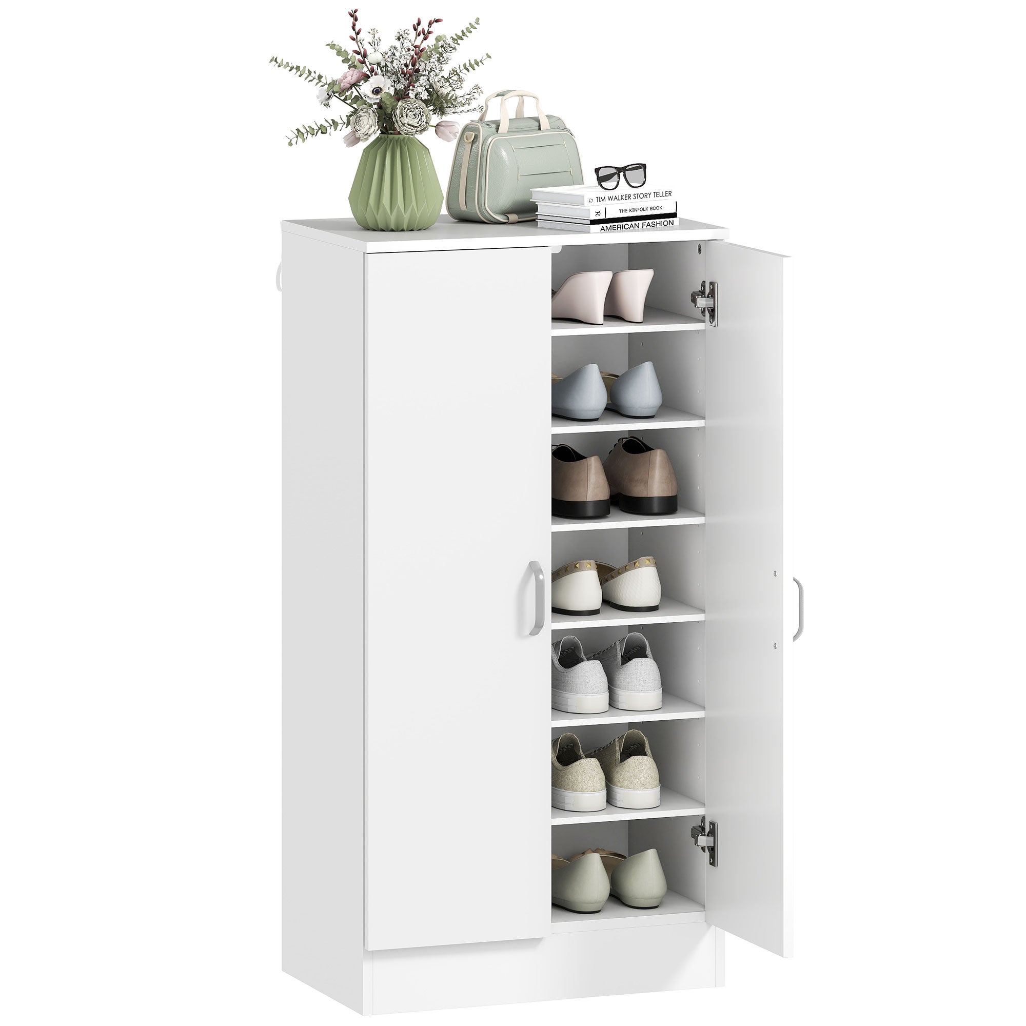 Szafka na buty wejście odbiornik z 2 drzwi i 6 regul. półki do 14 par butów, 55x35x108 cm, biały