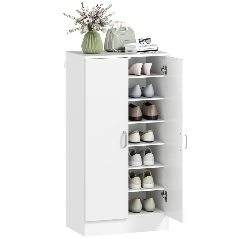 Biała drewniana szafka na buty z 6 regulowanymi półkami, 55x35x108 cm