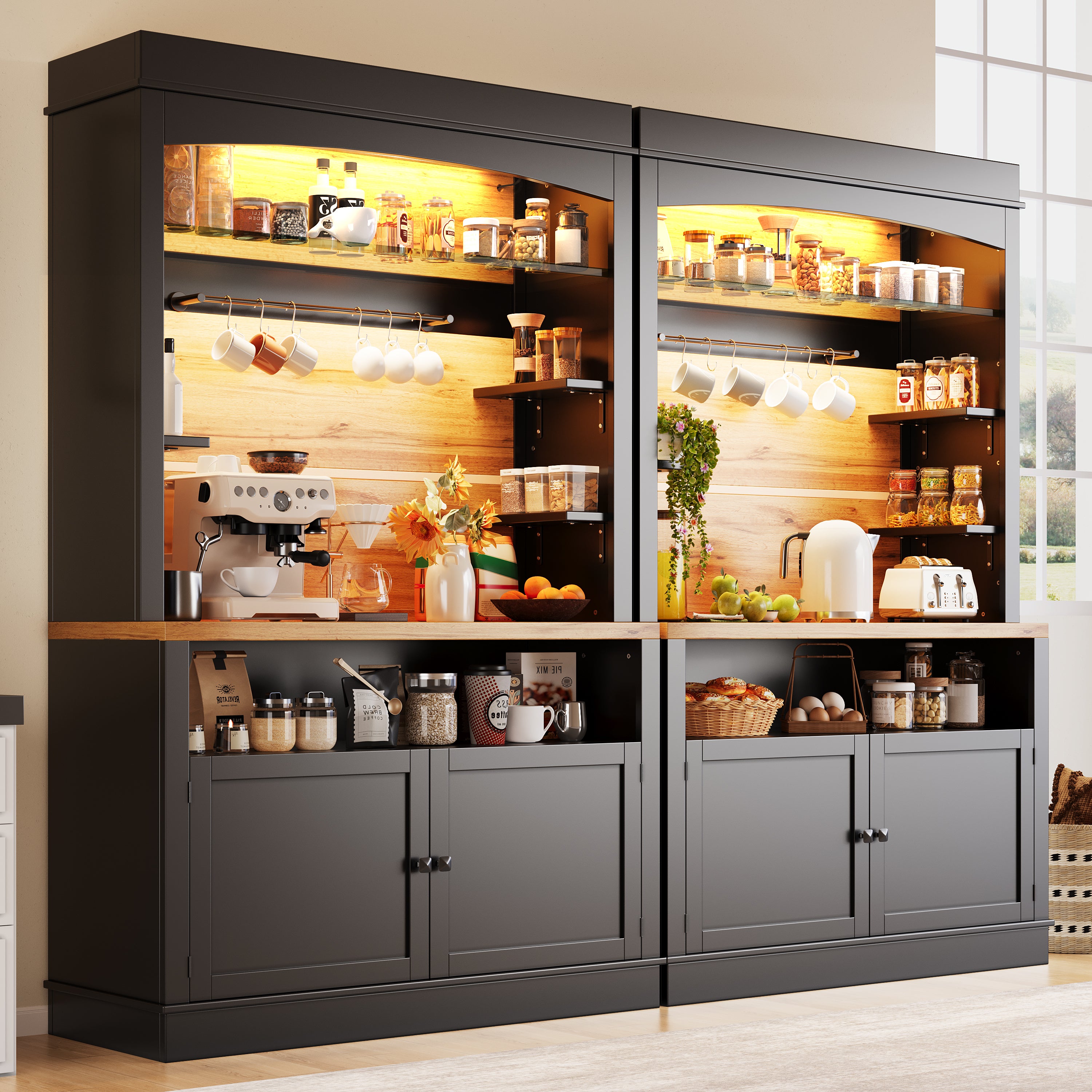 Zestaw 2 kredensów kuchennych z 4 drzwiami i półkami do przechowywania - 214 x 43 x 184 cm - diody LED - czarny