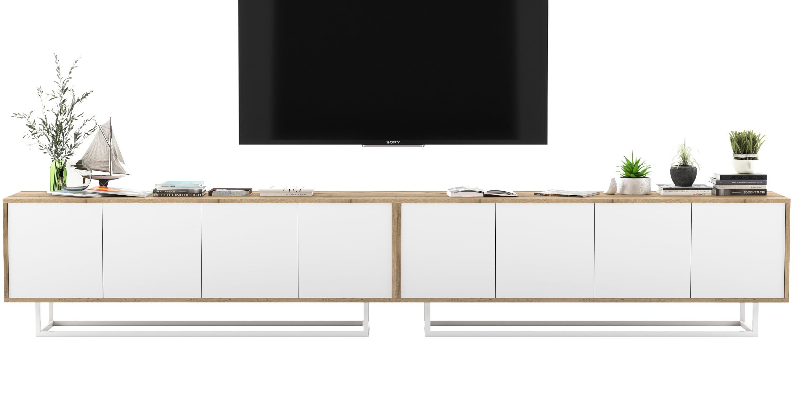 Szafka RTV Loft industrialna 300 cm biały mat, nowoczesna komoda RTV do salonu