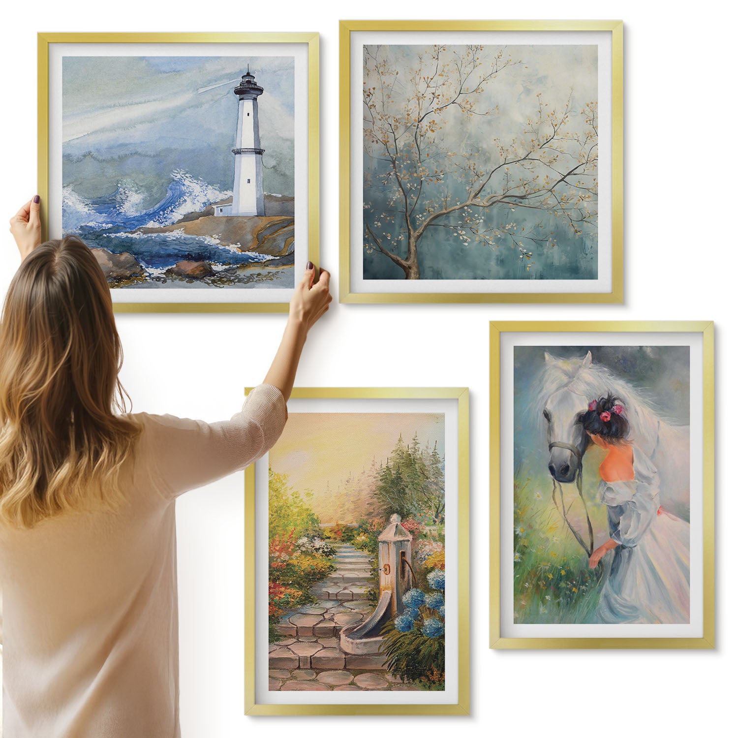 Galeria ścienna 4-częściowy komplet obrazów w złotych ramach - Scenerie przyrody latarnia morska i dziewczyna z koniem - ArtPrintCave