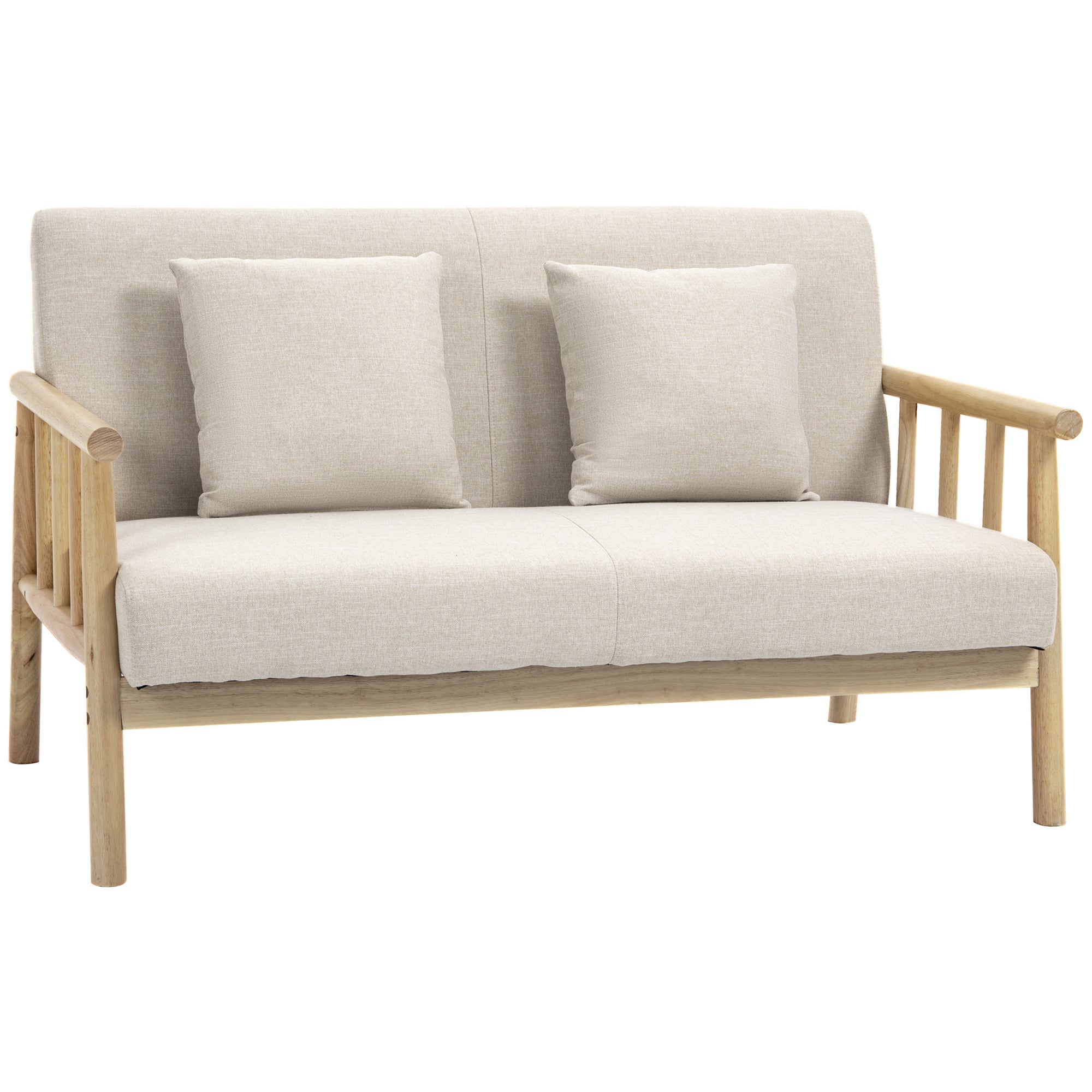 Sofa 2-osobowa, tapicerka z tkaniny imitującej len, kompaktowa, do 200 kg, rama drewniana, 123 dł. x 69 szer. x 74 wys. cm, beżowa