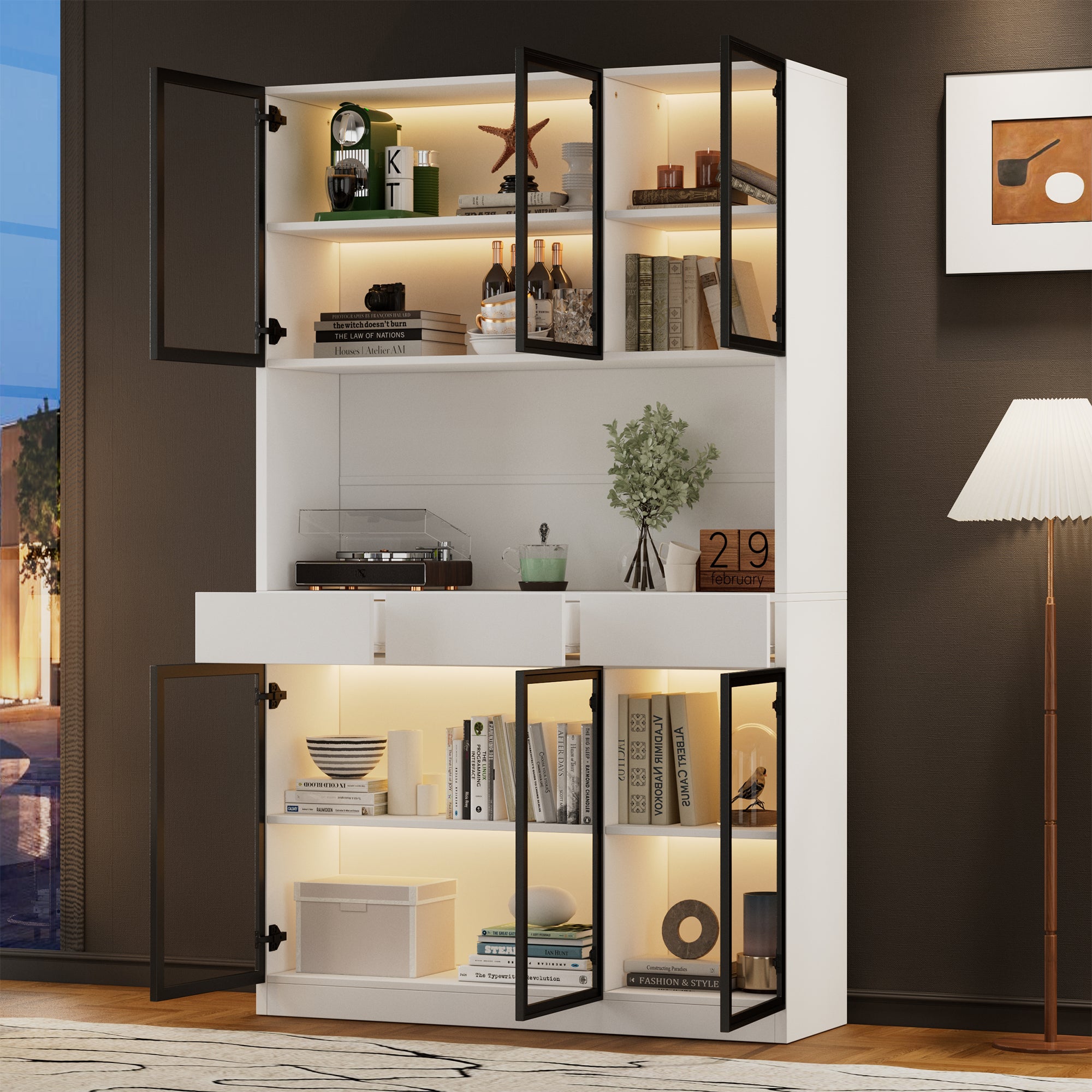 Witryna 120x36x200 cm z oświetleniem LED - 6 drzwi szklanych i 3 szuflady - biała