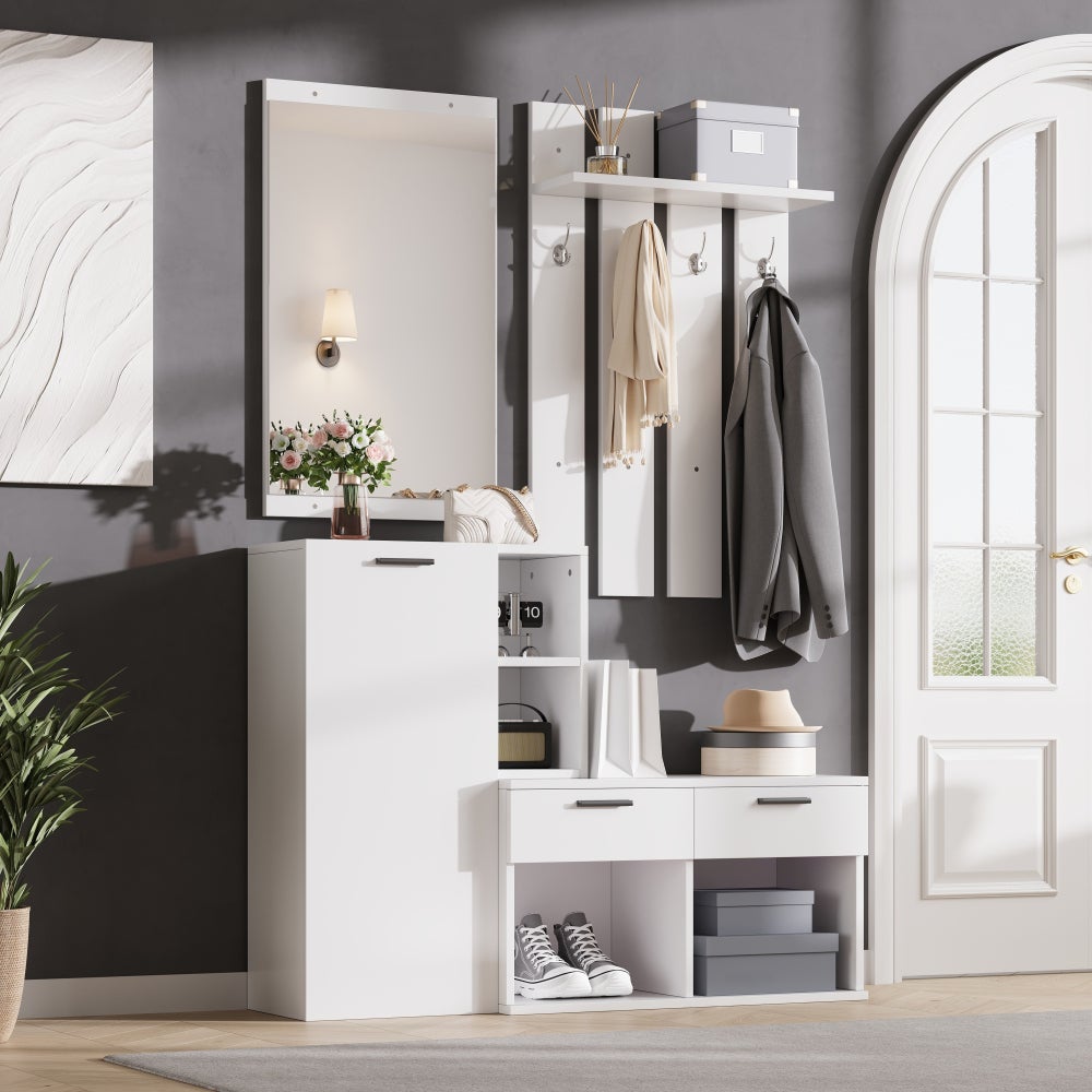 Szafa w przedpokoju 120 cm z lustrem, szafką na buty, wieszakiem na ubrania, 2 szufladami, ławką i schowkiem, biała