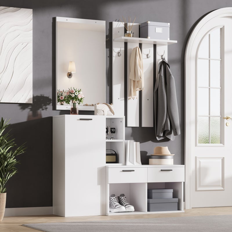 Szafa w przedpokoju 120 cm z lustrem, szafką na buty, wieszakiem na ubrania, 2 szufladami, ławką i schowkiem, biała