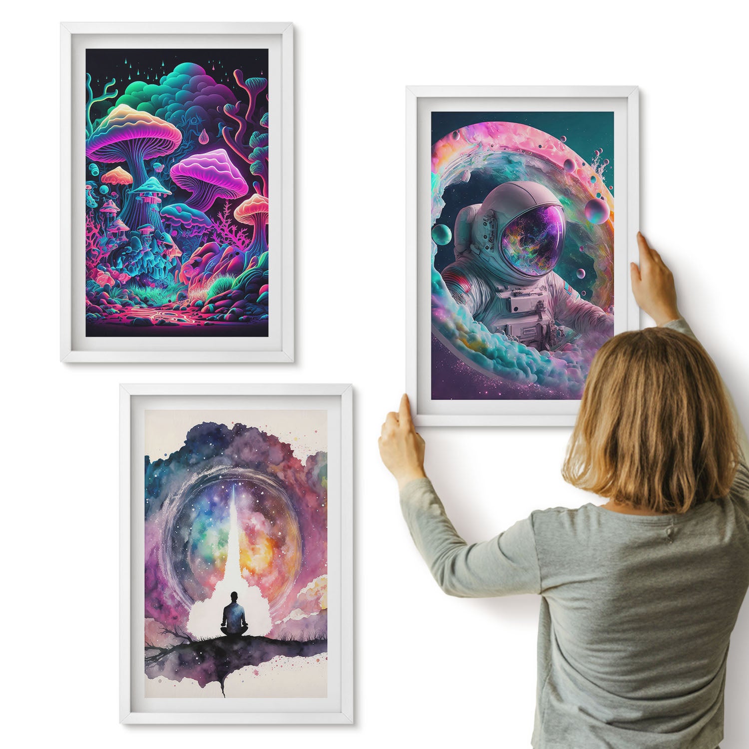 Galeria ścienna 3-częściowy komplet obrazów w białych ramach - Kolorowe ilustracje w stylu fantasy sztuka - ArtPrintCave