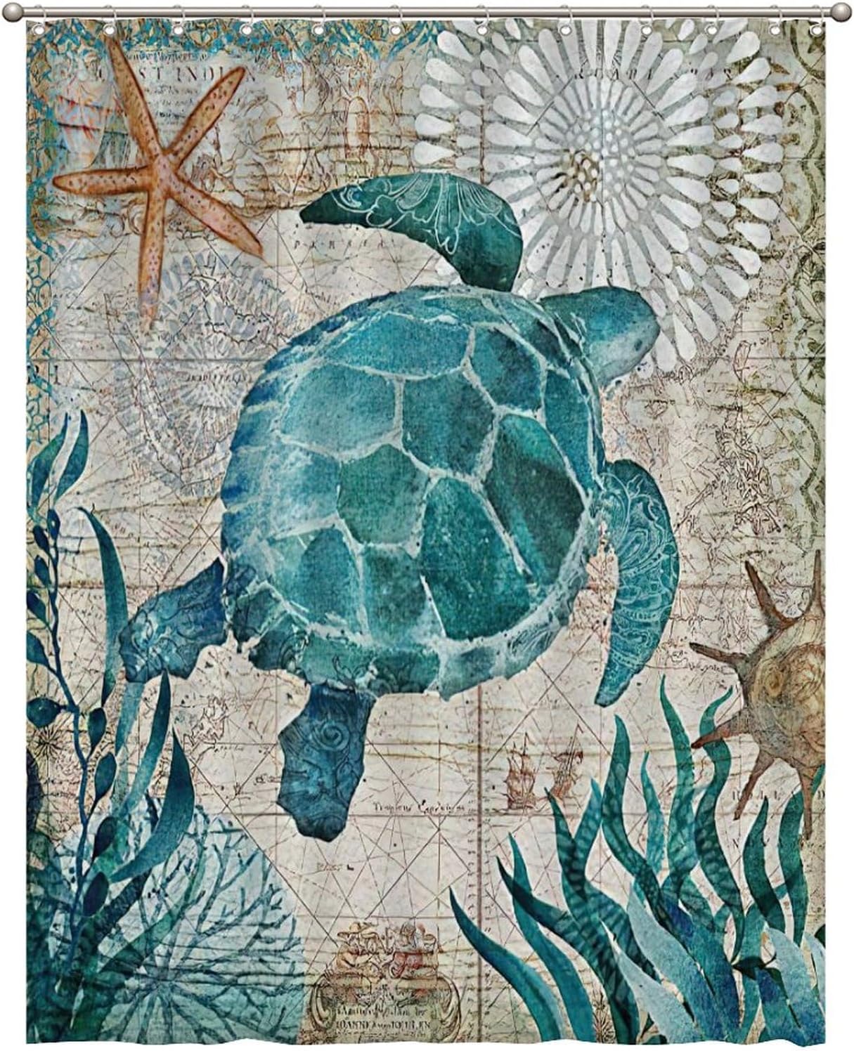 Zasłona prysznicowa w stylu vintage z turkusowym żółwiem i motywem marynistycznym – wystrój łazienki – 180 cm x 180 cm