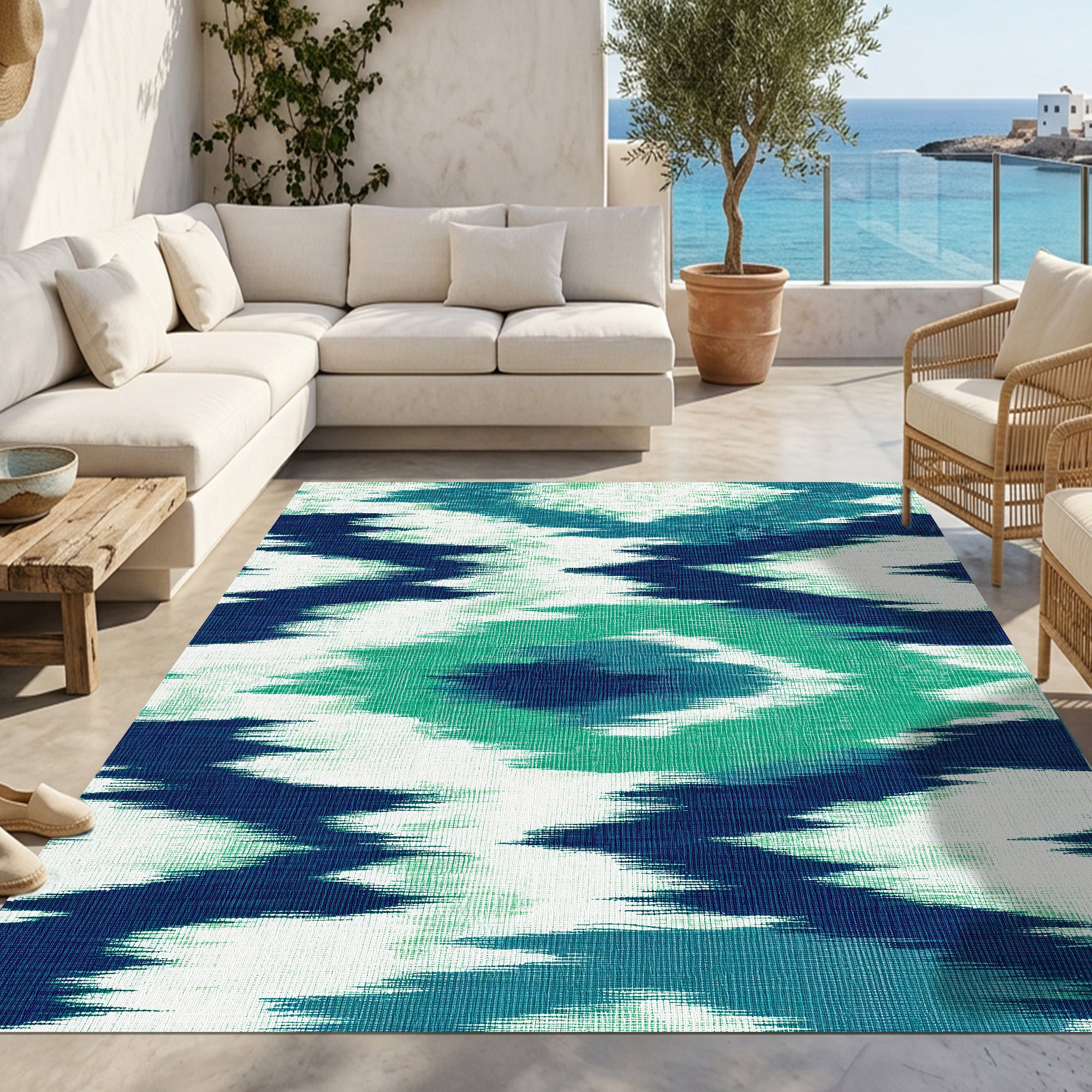 Dywan z PVC do wnętrz i na zewnątrz Ikat Aguamarina 200x300 cm - Winyl drukowany, antypoślizgowy, zmywalny, odporny — na taras i do domu.