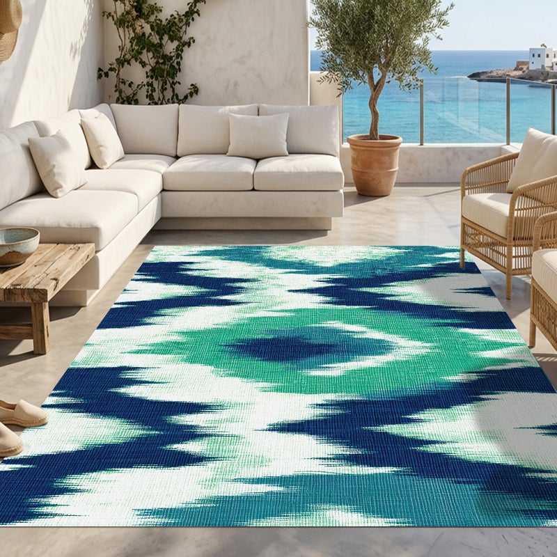 Dywan z PVC do wnętrz i na zewnątrz Ikat Aguamarina 200x300 cm - Winyl drukowany, antypoślizgowy, zmywalny, odporny — na taras i do domu.