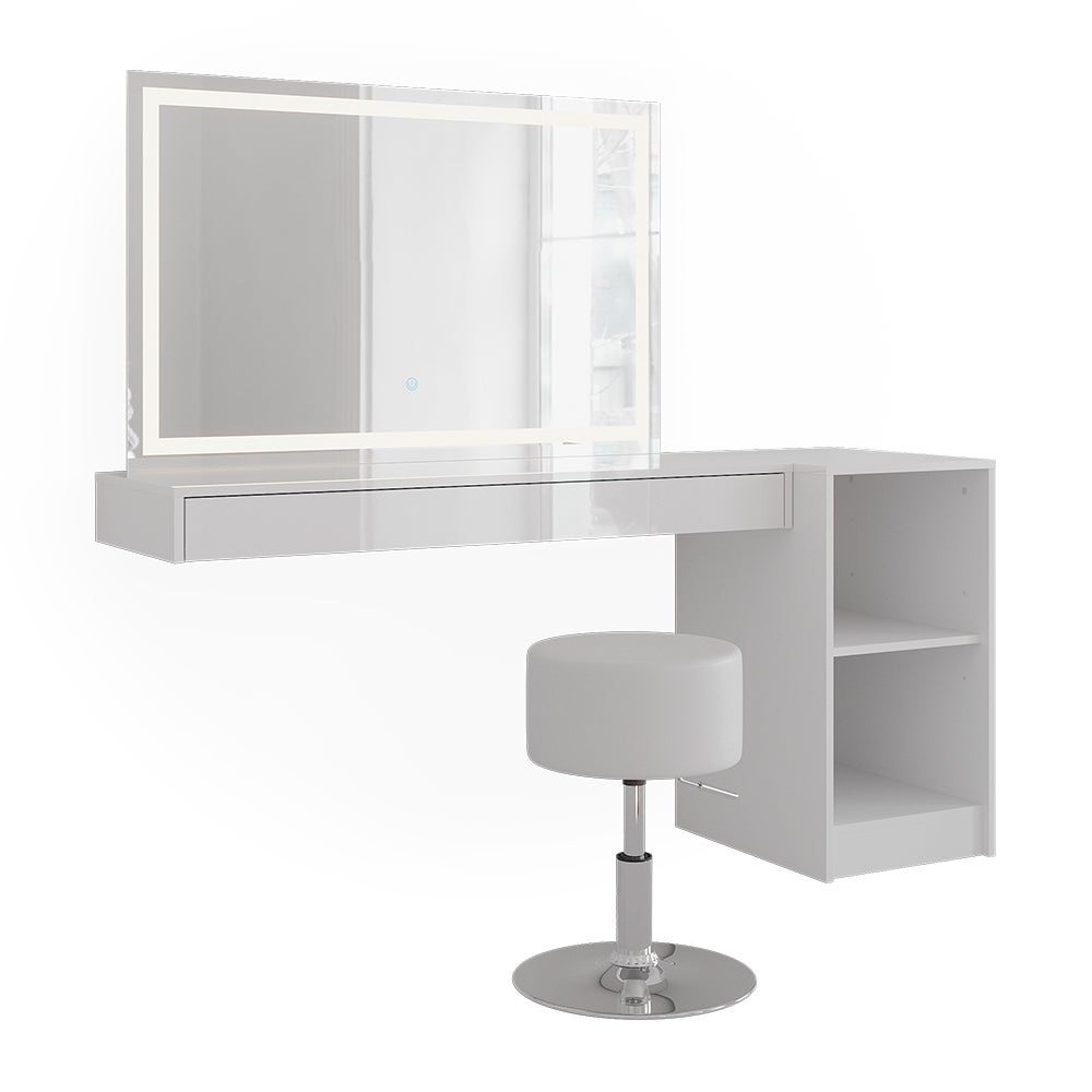 Vicco Stół do toalety Sherry, Biały, 160.2 cm z lustrem LED, taboretem i otwartym regałem