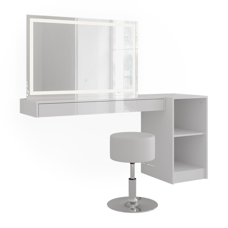 Vicco Stół do toalety Sherry, Biały, 160.2 cm z lustrem LED, taboretem i otwartym regałem