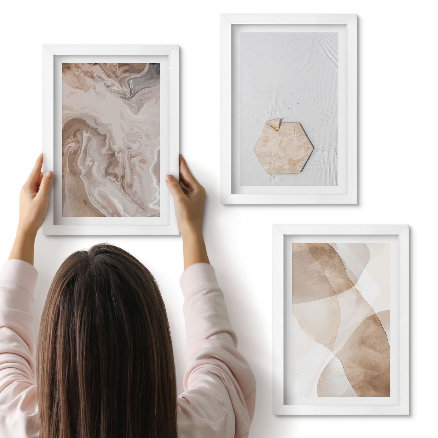 Galeria ścienna 3-częściowy komplet obrazów w białych ramach - Designerska abstrakcja inspirowana naturą - ArtPrintCave
