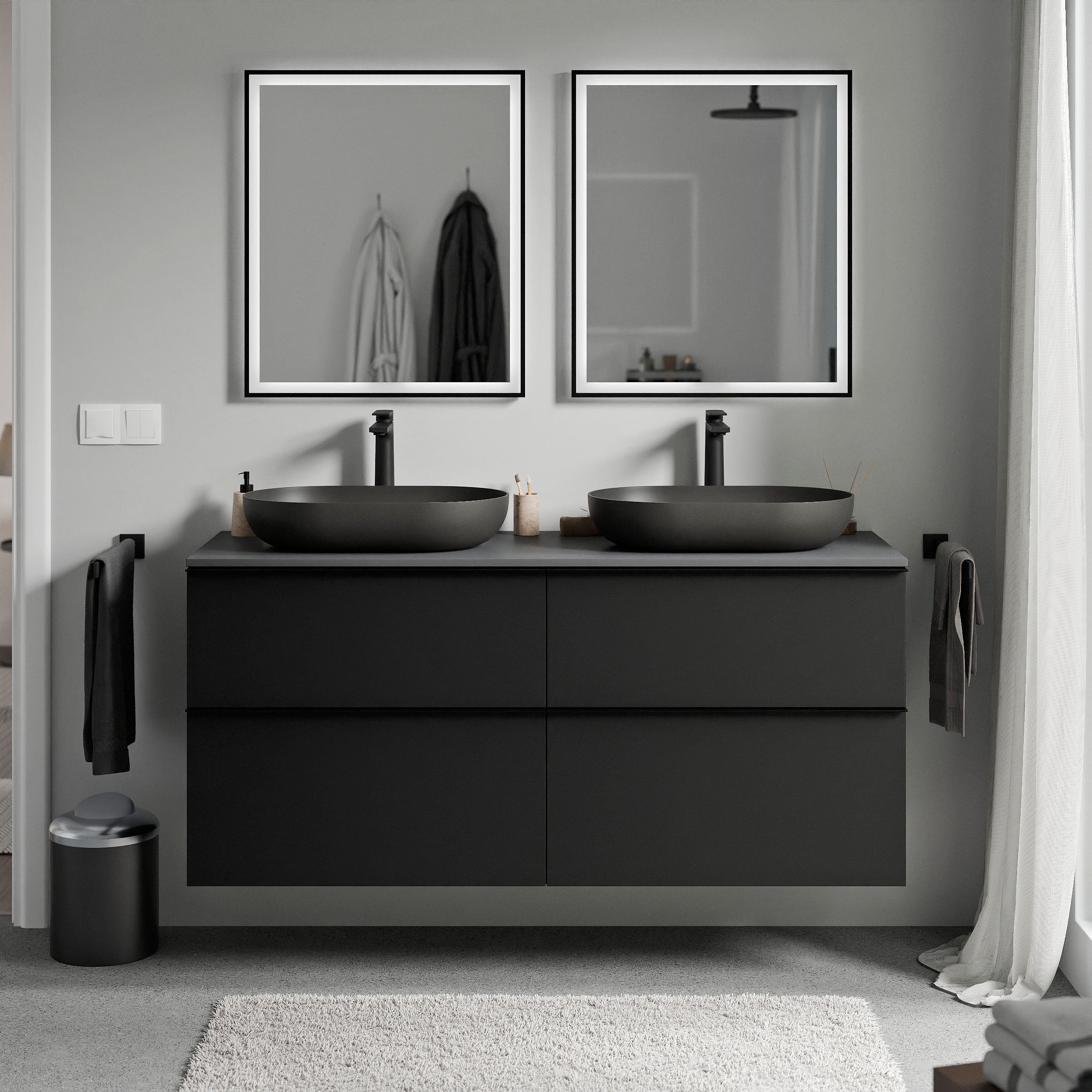Bernstein LAVOA Szafka pod umywalkę wisząca MDF czarny mat - Blat antracyt mat - Uchwyty chrom - 140x46x62cm