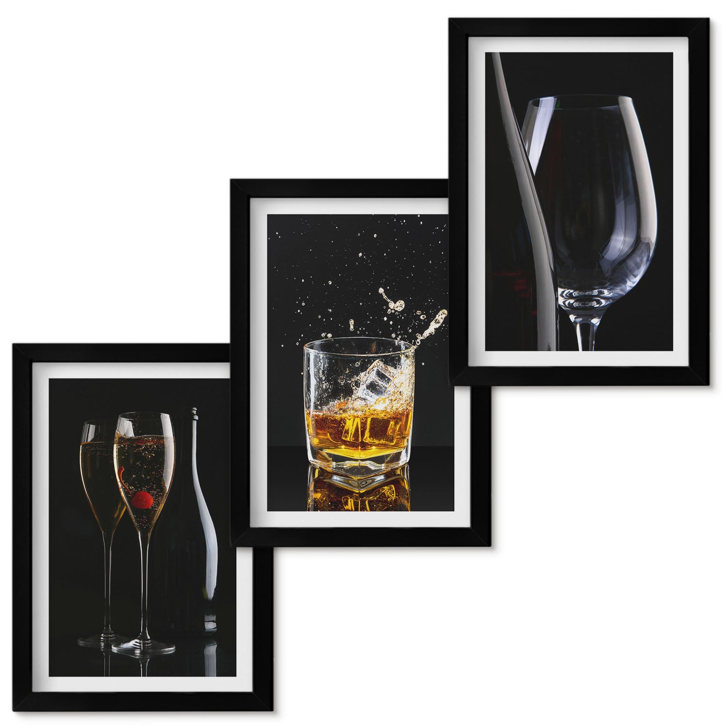 Zestaw obrazów w ramie - 3 części | Kieliszki z winem i whisky na czarnym tle | Czarna ramka