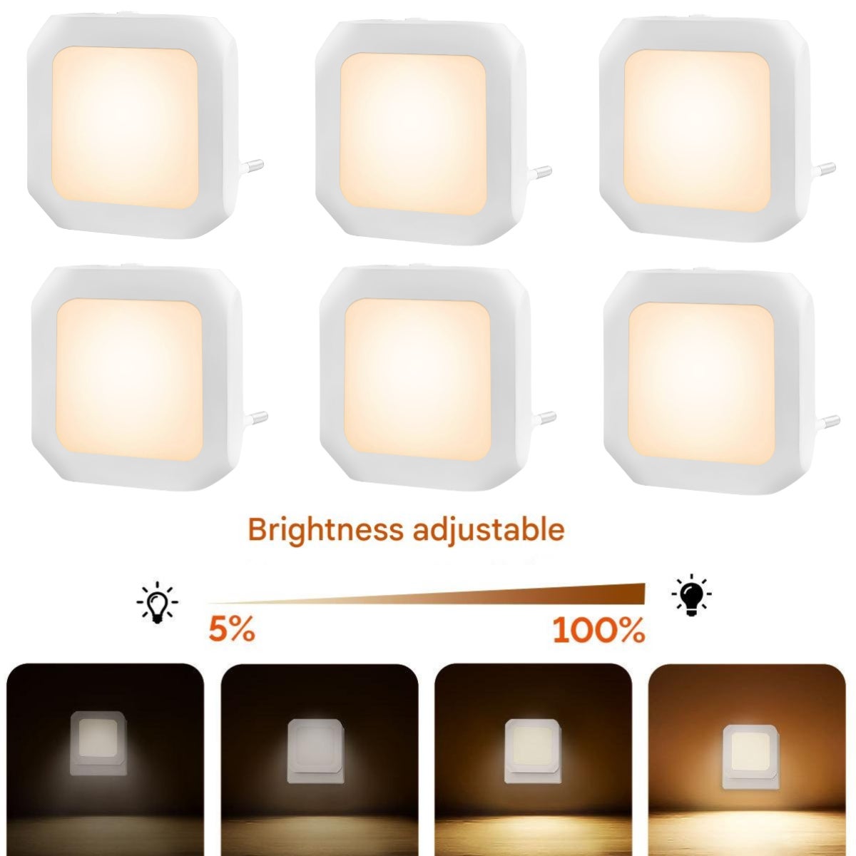 Lampa nocna z detektorem światła (6 sztuk - 0,6 W), włącza się automatycznie o zmroku, regulowana temperatura barwowa (2700-3200 K).