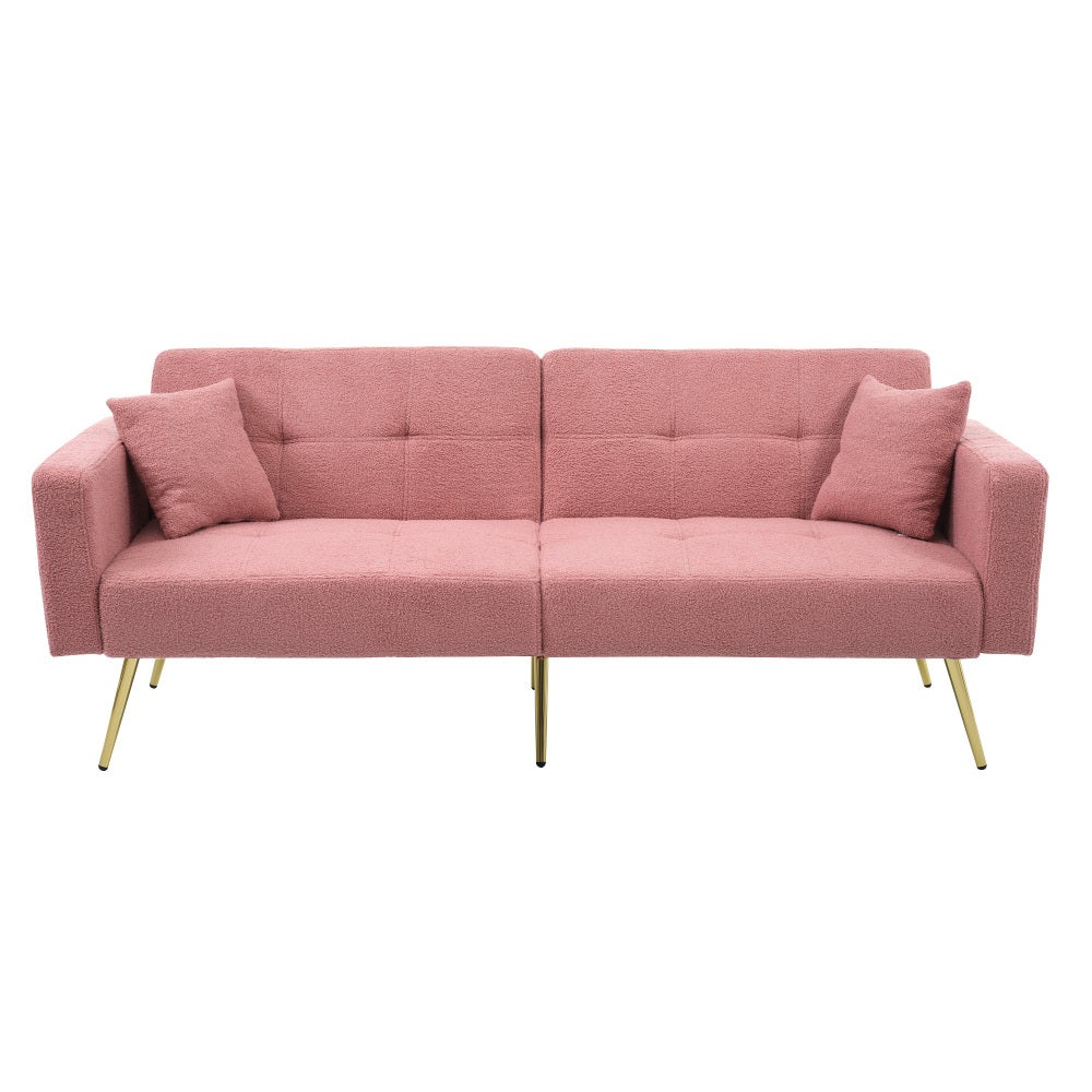 Sofa z funkcją spania, regulowanym kątem nachylenia, złotymi nogami, poduszkami i bocznymi kieszeniami do przechowywania.