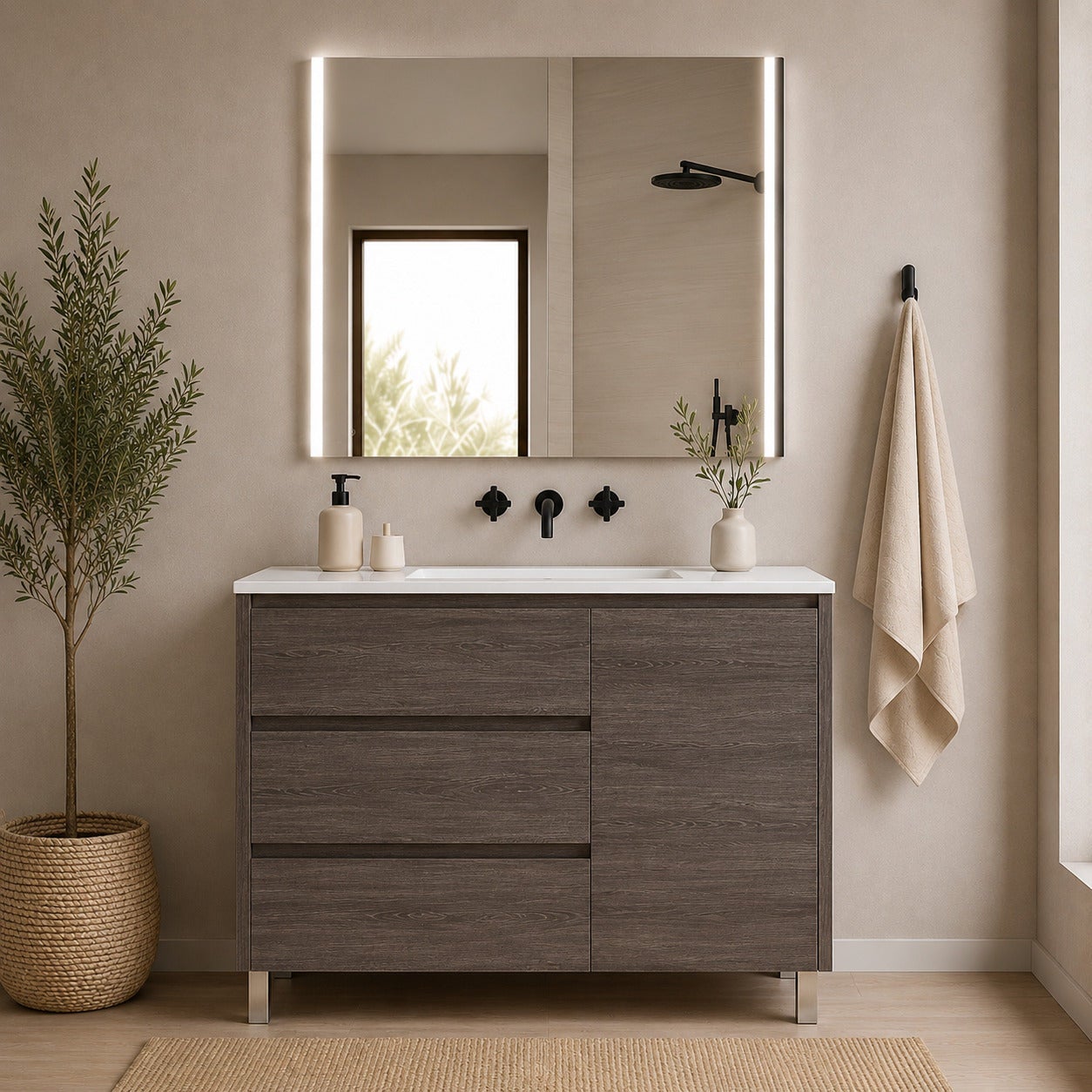 Szafka łazienkowa z 3 szufladami, drzwiami i umywalką ORIGENBATH VOLUM bez lustra 120x45 cm 1 umywalka dąb smoky