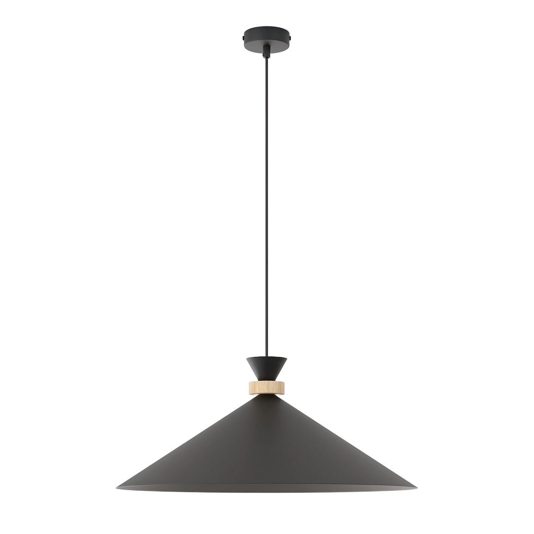 Lampa wisząca japandi czarna stożkowy klosz fi50cm z drewnianym detalem 1xE14 10W OLIVO Emibig