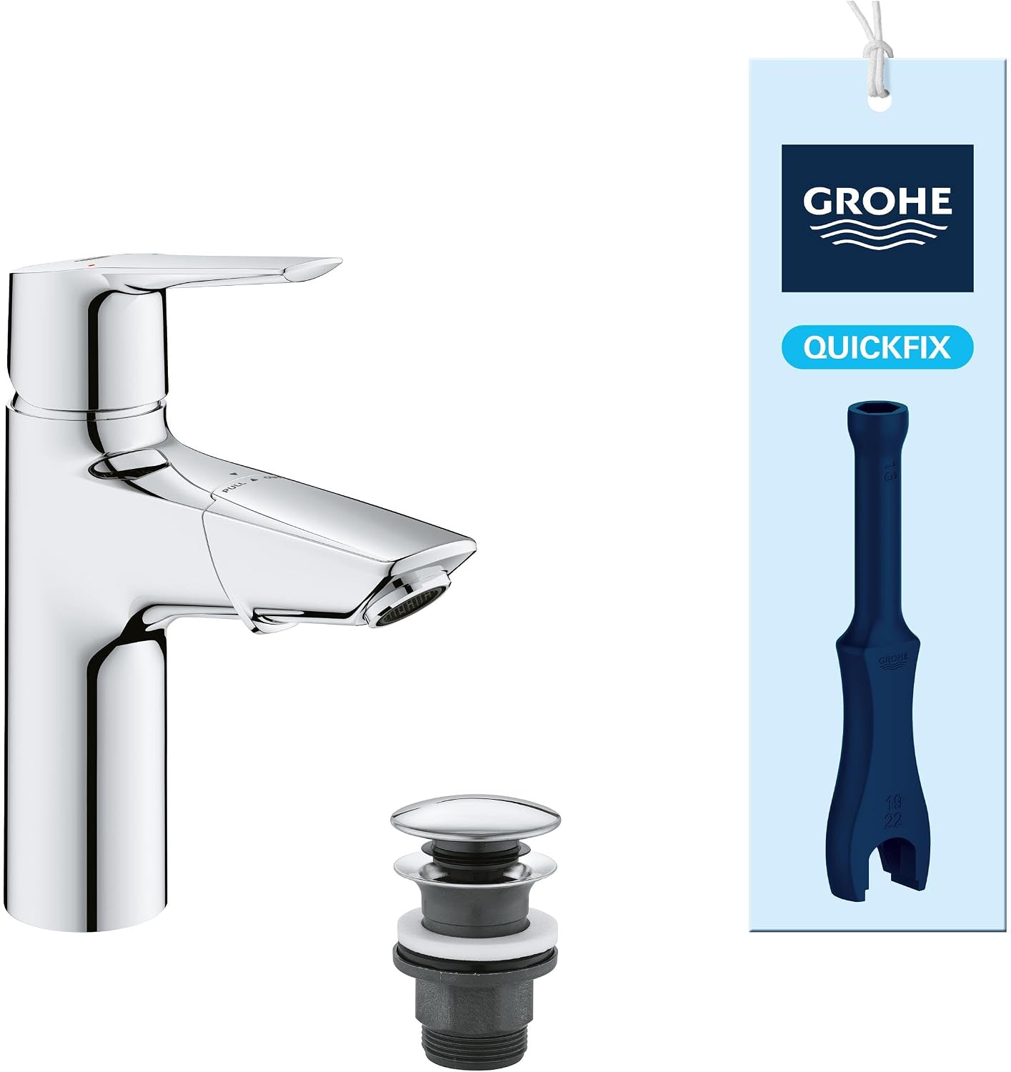 Grohe mieszacz umywalkowy jednouchwytowy, chrom, jednootworowy, nowoczesny, z ceramiczną głowicą, kompletny zestaw