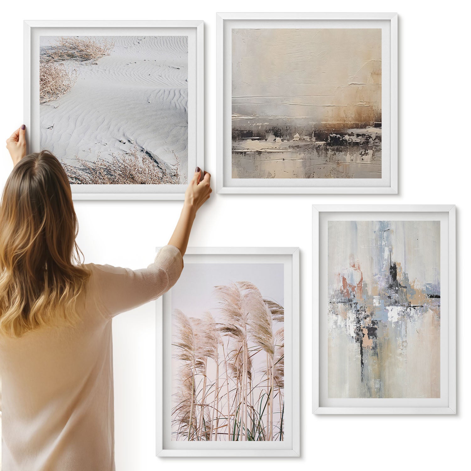 Galeria ścienna 4-częściowy komplet obrazów w białych ramach - Roślinność naturalna abstrakcyjne wzory w stonowanej kolorystyce - ArtPrintCave