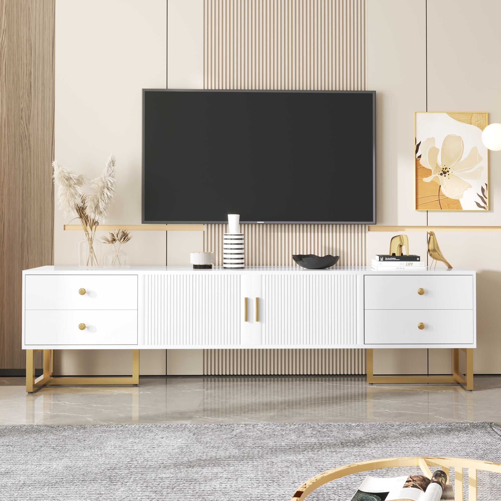 Szafa TV z szufladami - biała, 175x30x46cm, MDF, złote uchwyty i nogi
