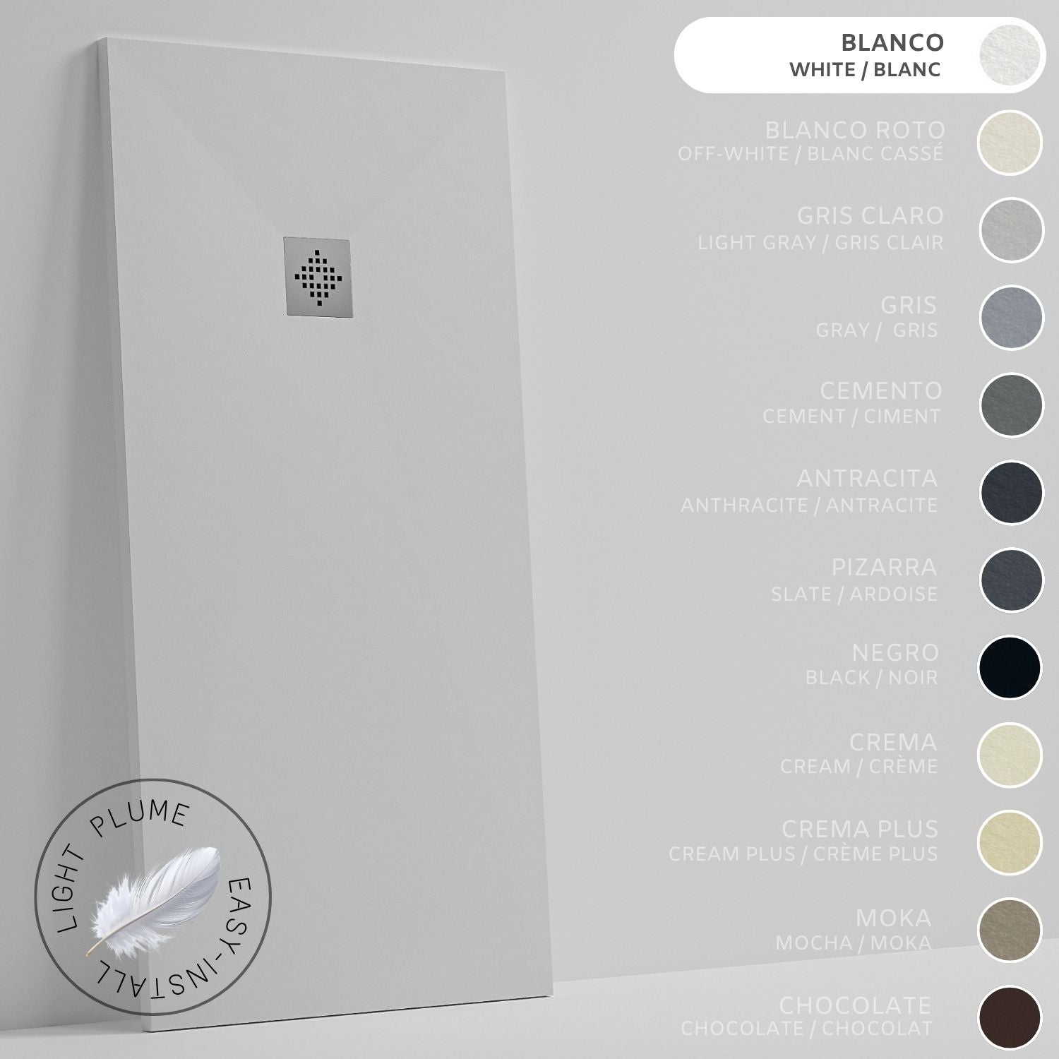 SOULHOME Lekki Brodzik z Żywicy tekstura Łupka biały – 200X70- cm Ultra-płaski Zawiera Syfon i Kratkę