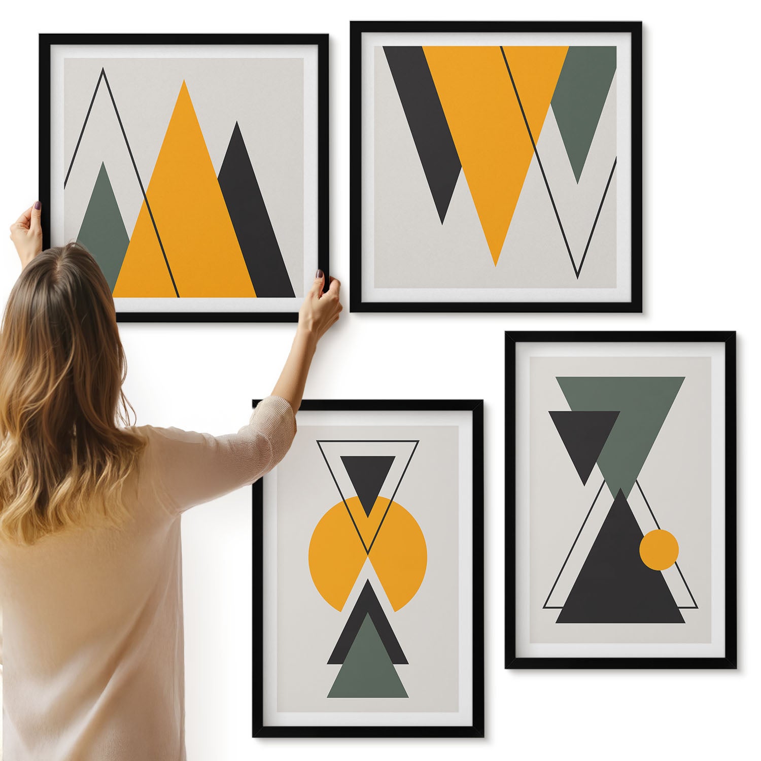 Galeria ścienna 4-częściowy komplet obrazów w czarnych ramach - Abstrakcyjne kształty geometryczne - ArtPrintCave