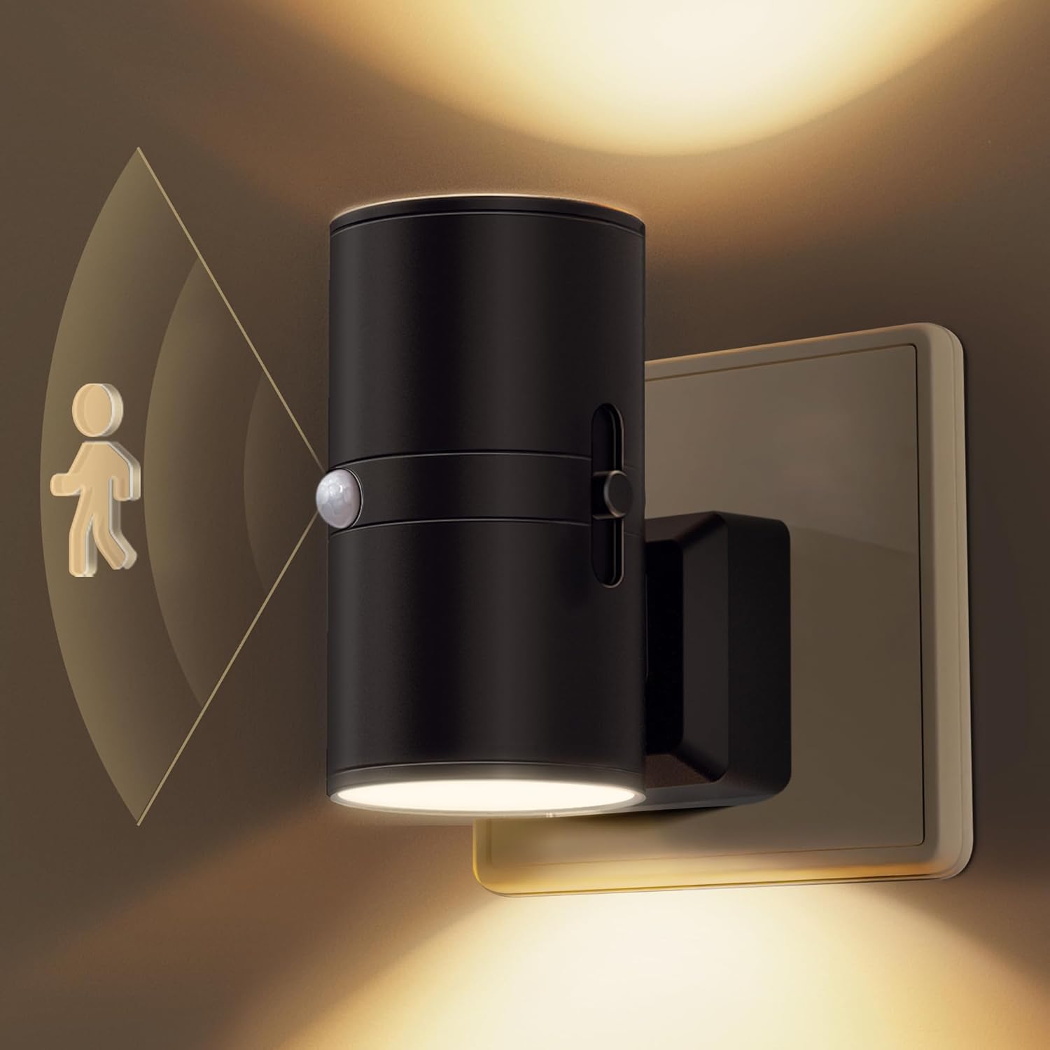 Lampka nocna z czujnikiem ruchu, 1 sztuka, wtykowa lampka nocna, ciepła biel 3000 K, regulowana jasność 0-100 lm, przyciemniana lampka nocna