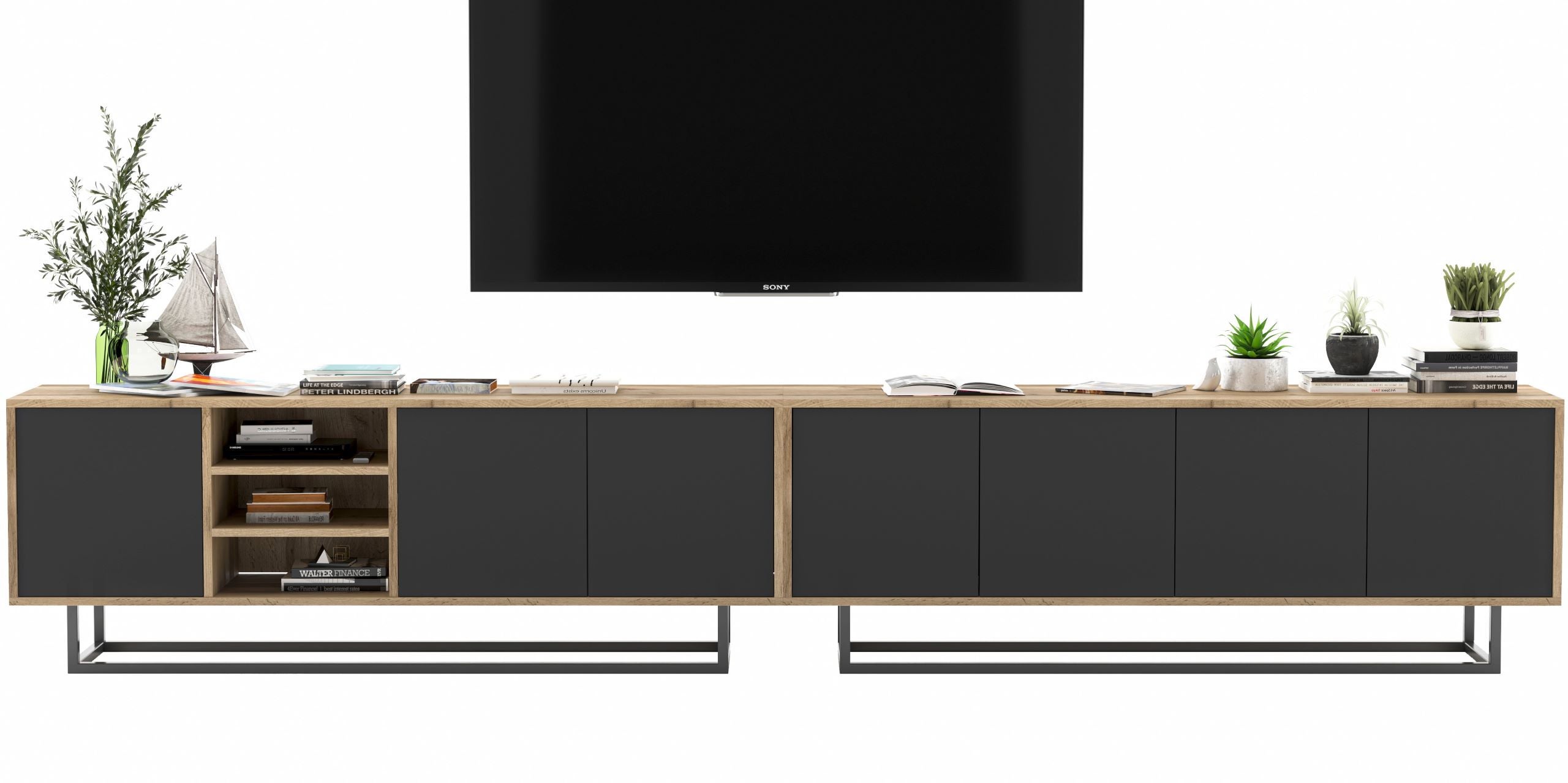 Szafka RTV Loft industrialna 300 cm czarny mat, nowoczesna komoda RTV do salonu