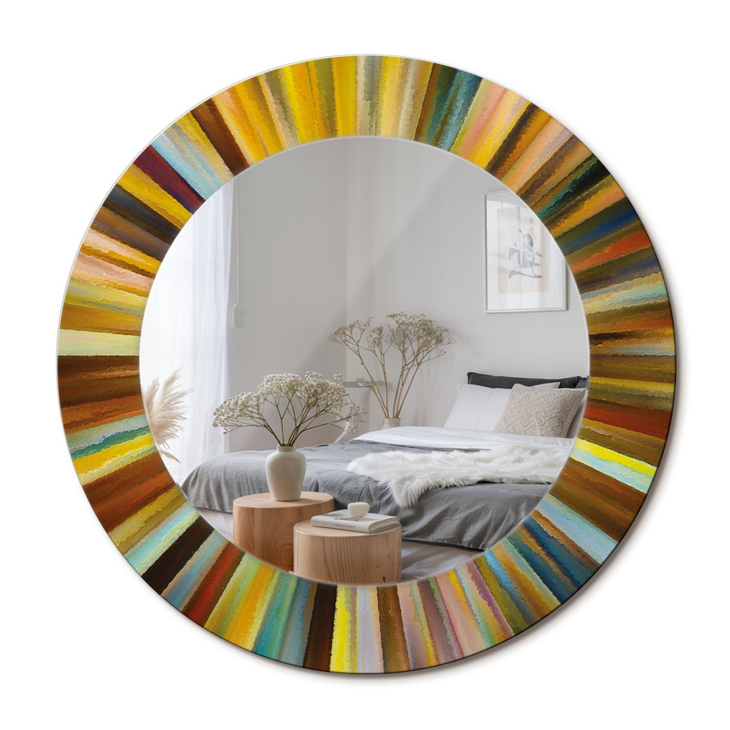 Stylowe lustro ścienne z hartowanym szkłem i printem Kolorowe promienie - 50 cm - ArtPrintCave