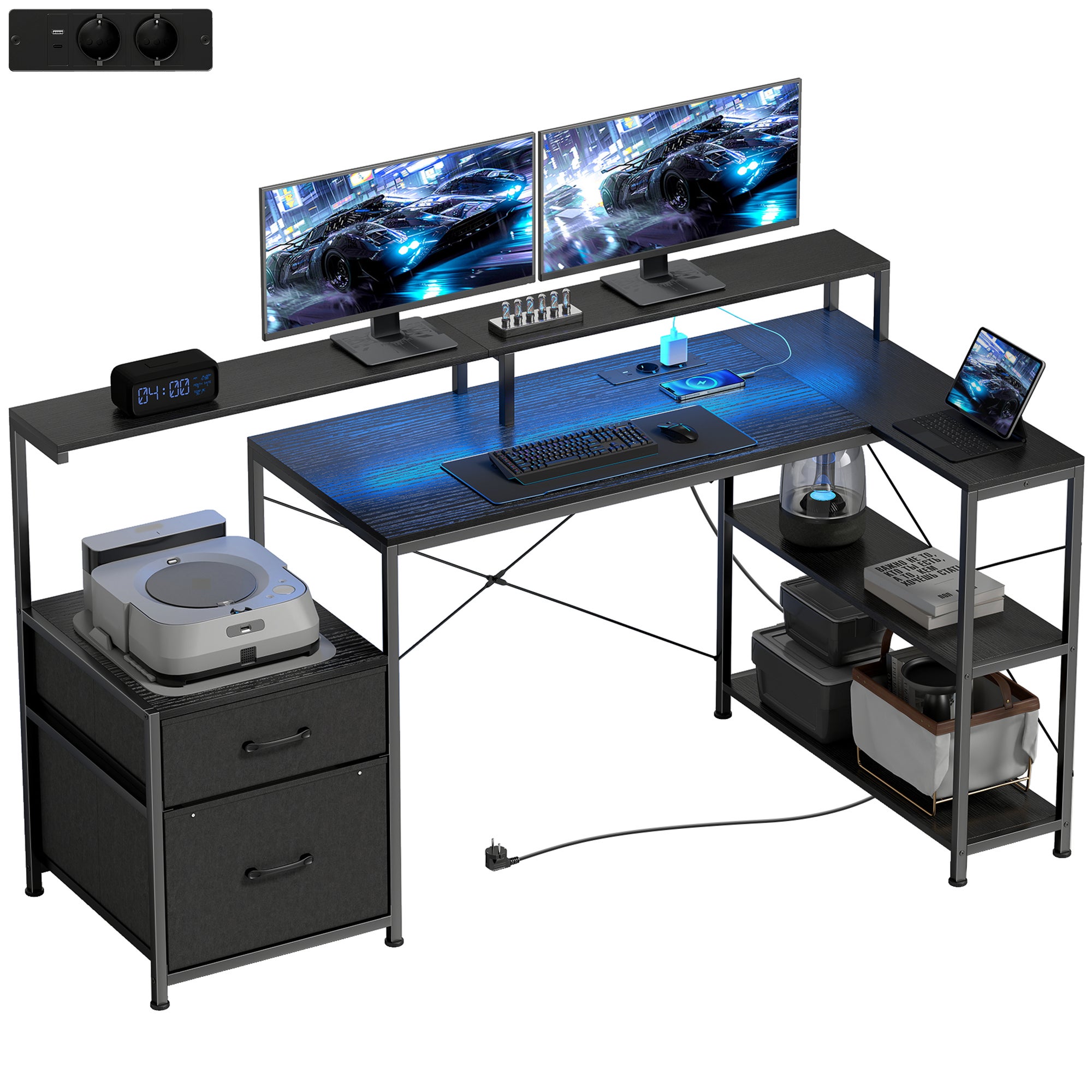 Biurko gamingowe w kształcie litery L z oświetleniem LED, gniazdkami elektrycznymi i podstawą na dwa monitory.