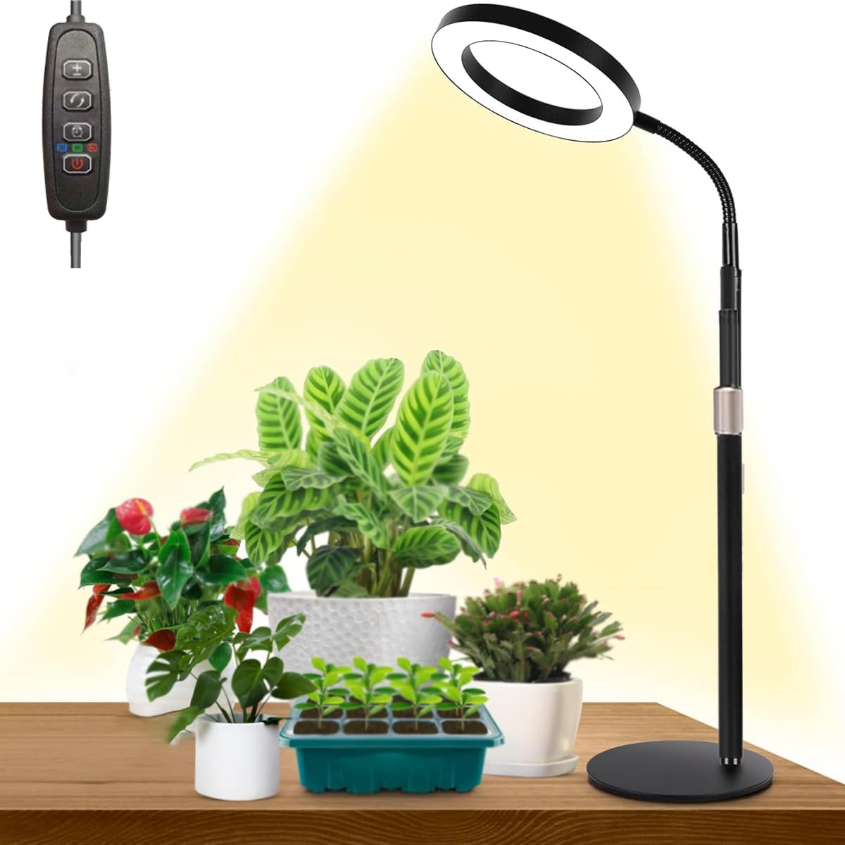 Lampa LED do uprawy roślin, regulowana w zakresie 360° z podstawą, automatyczny timer 3/9/12 godz., 3 tryby oświetlenia i 10 poziomów jasności