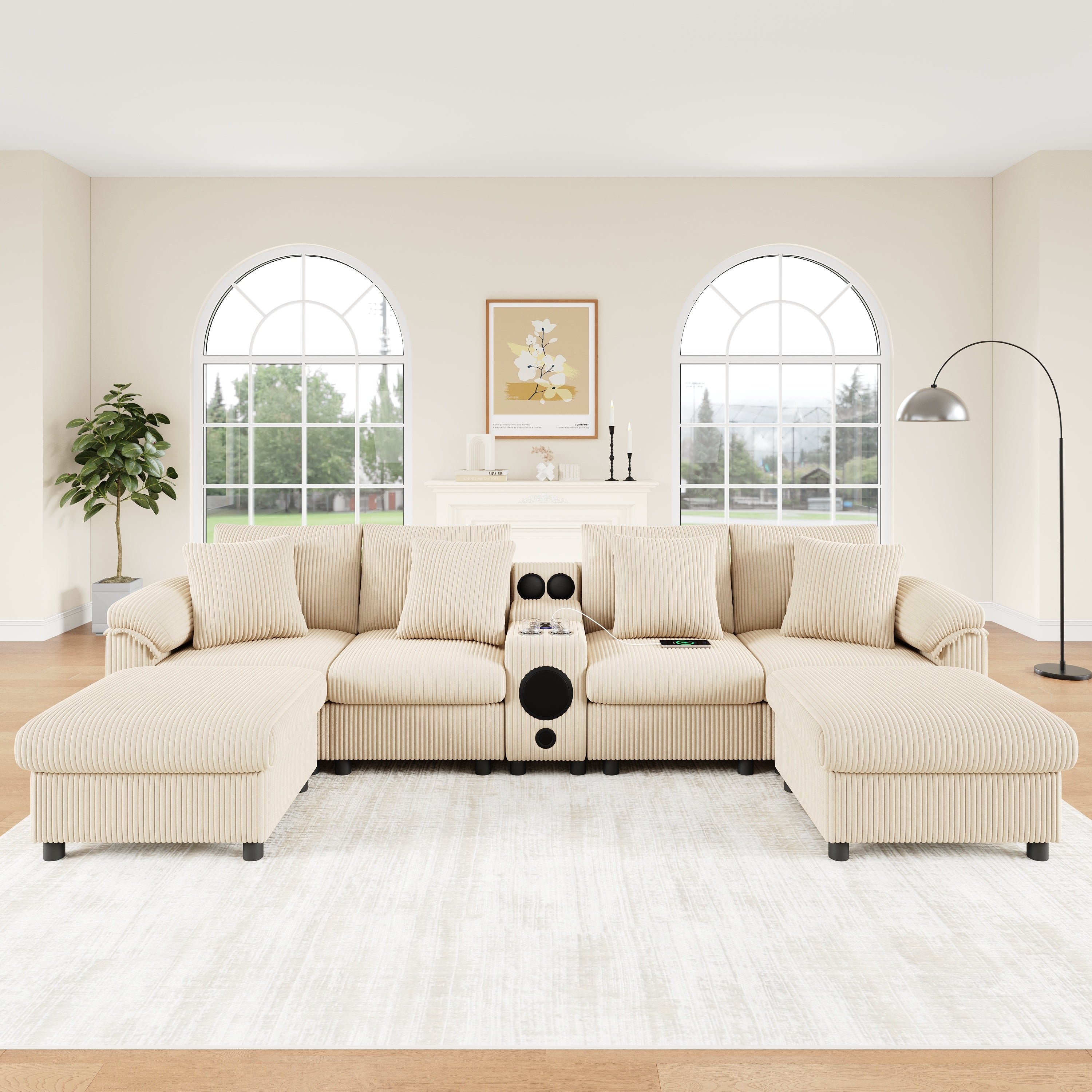 Modułowa sofa narożna z kordu z głośnikiem Bluetooth, ładowarką bezprzewodową, portami USB i uchwytami na kubki - 315,5 x 144 x 84,5 cm - beżowa