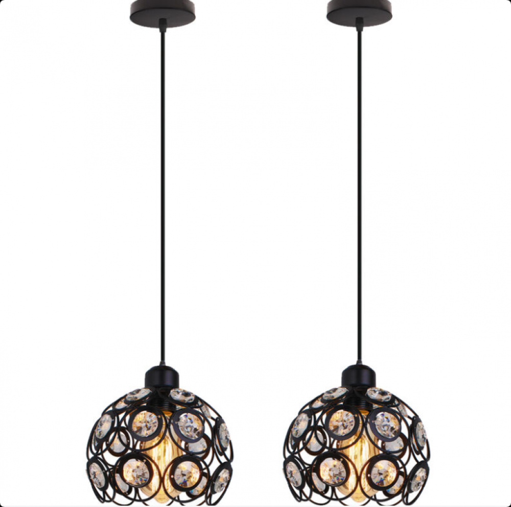 Zestaw 2 nowoczesnych lamp wiszących, 20 cm, sufitowe, żelazo z czarnymi kryształowymi kloszami